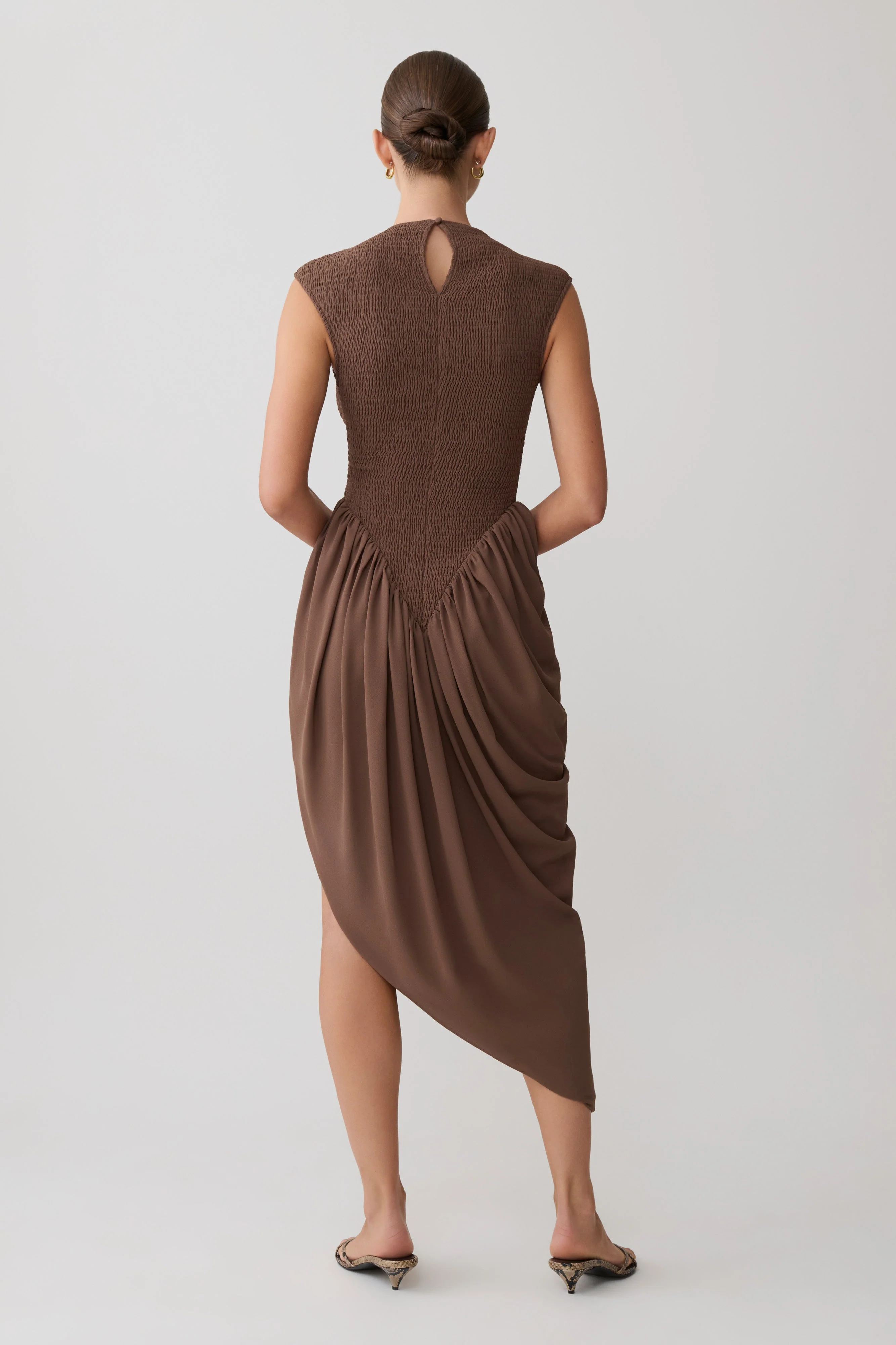 Nola Shirred Asymmetric Midi Dress - Mocha - Image 4