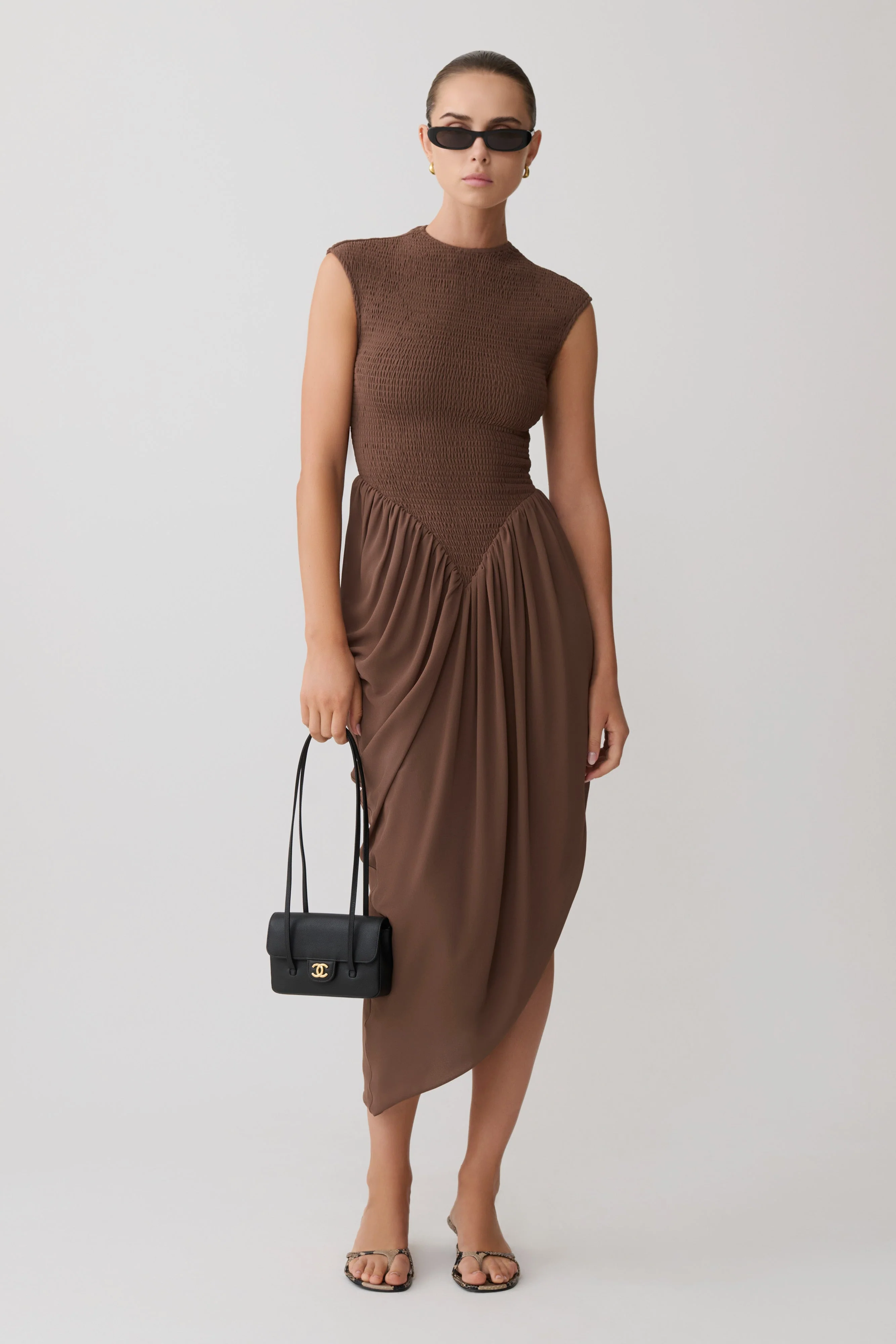 Nola Shirred Asymmetric Midi Dress - Mocha - Image 6