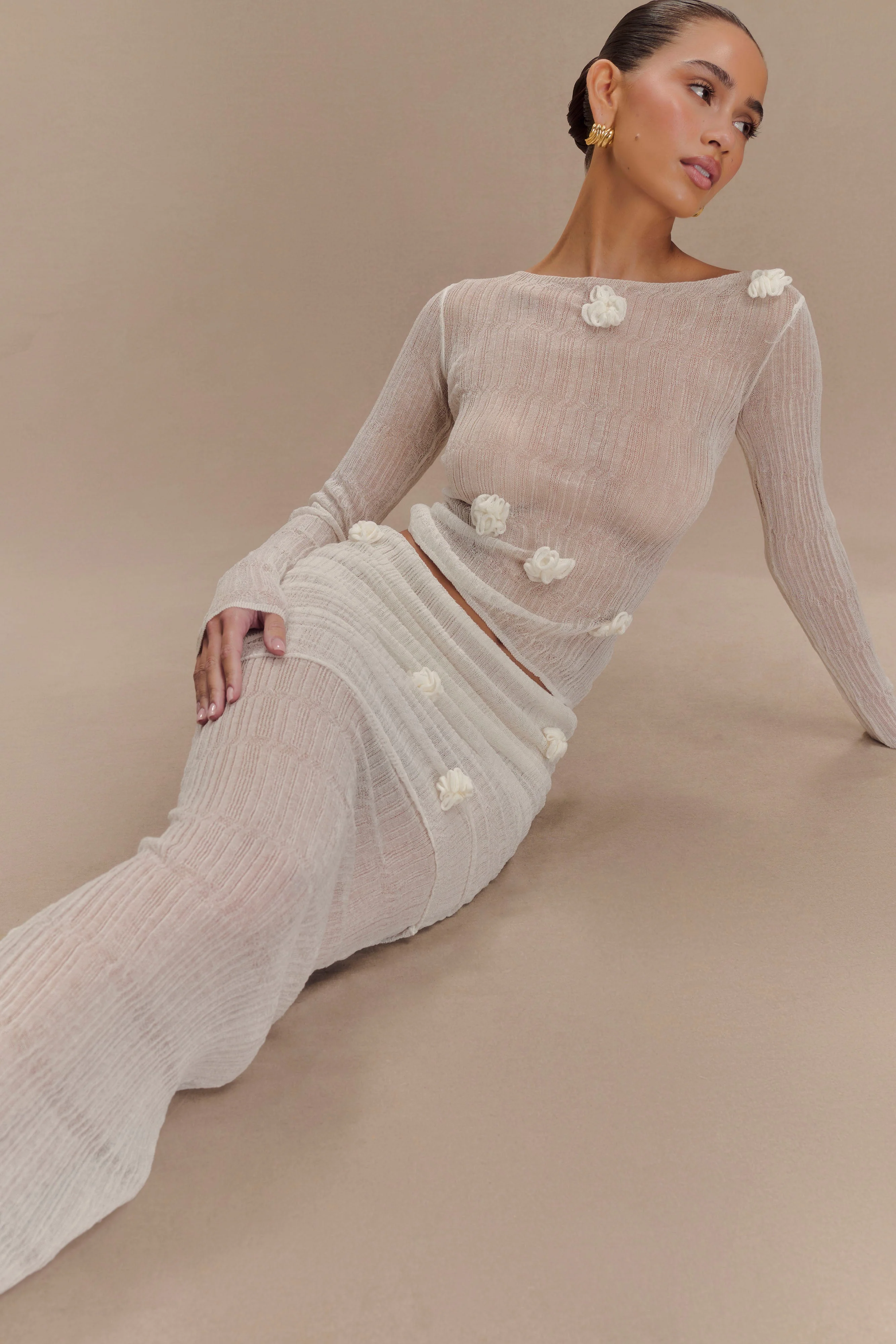 Orianna Orchid Knit Maxi Skirt - Ivory - Image 3