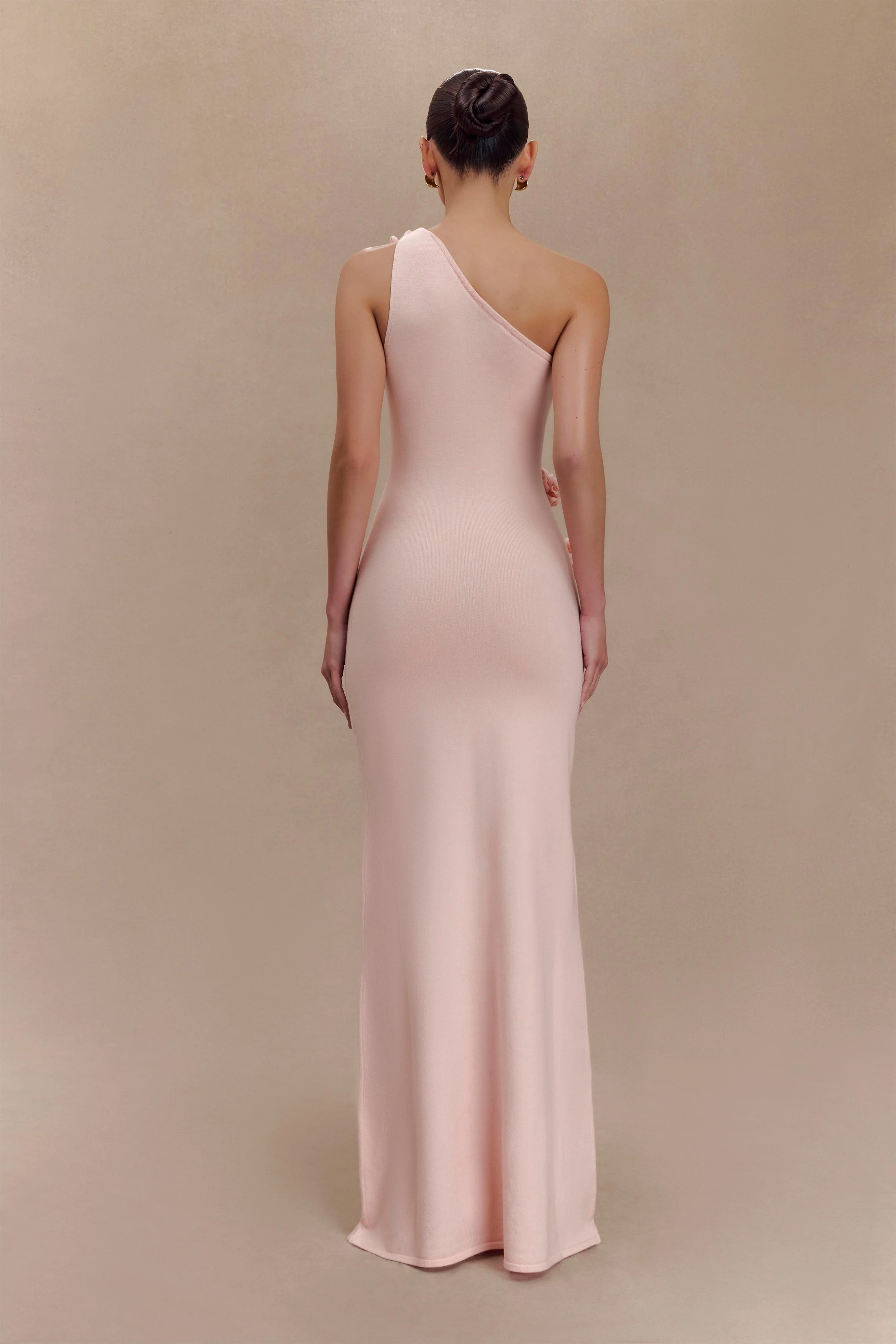 Paloma One Shoulder Knit Maxi Dress With Flowers - Baby Pink - Image 2