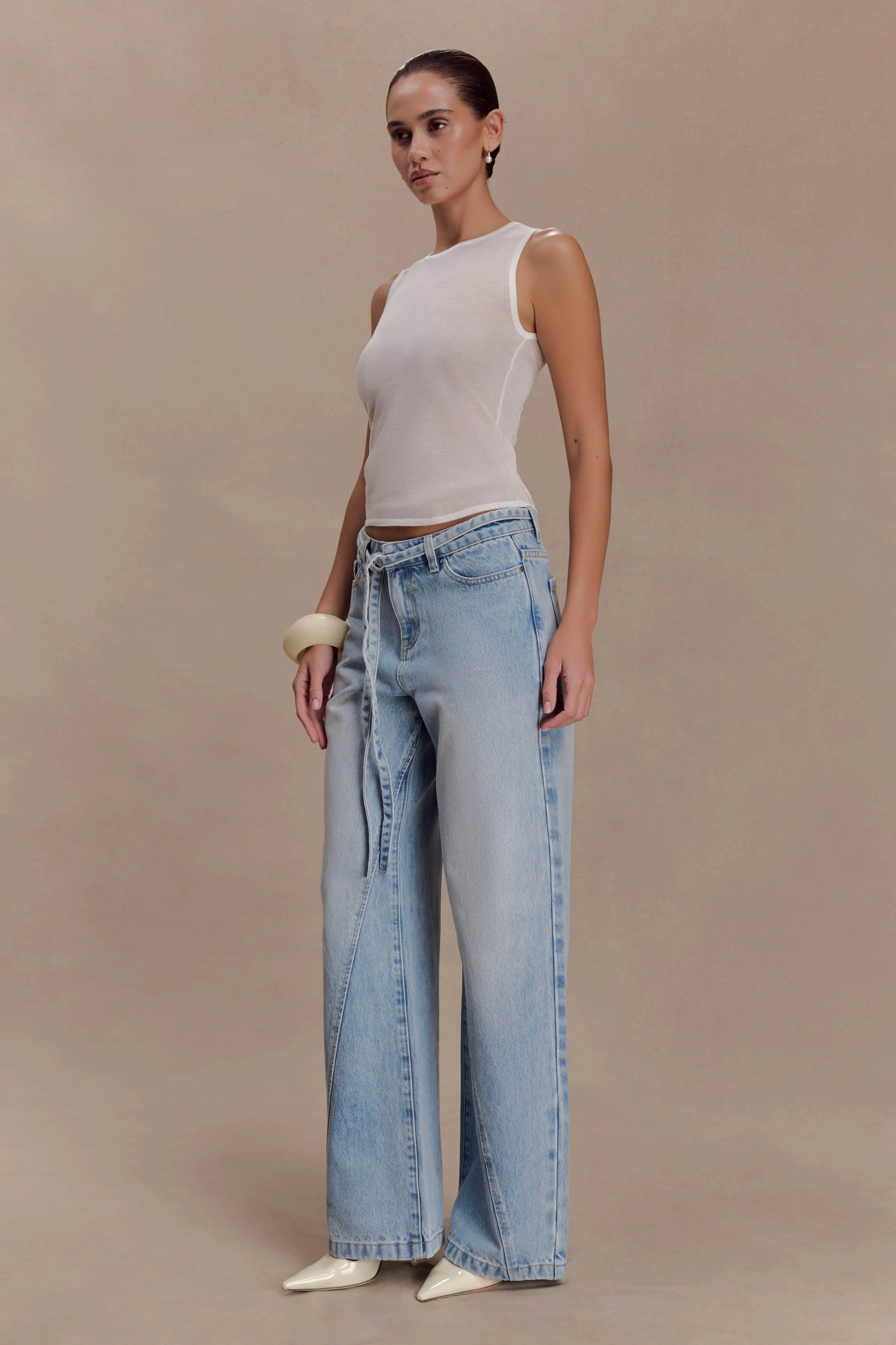 Perrie Mid Rise Straight Leg Tie Jeans - Washed Light Blue - Image 4