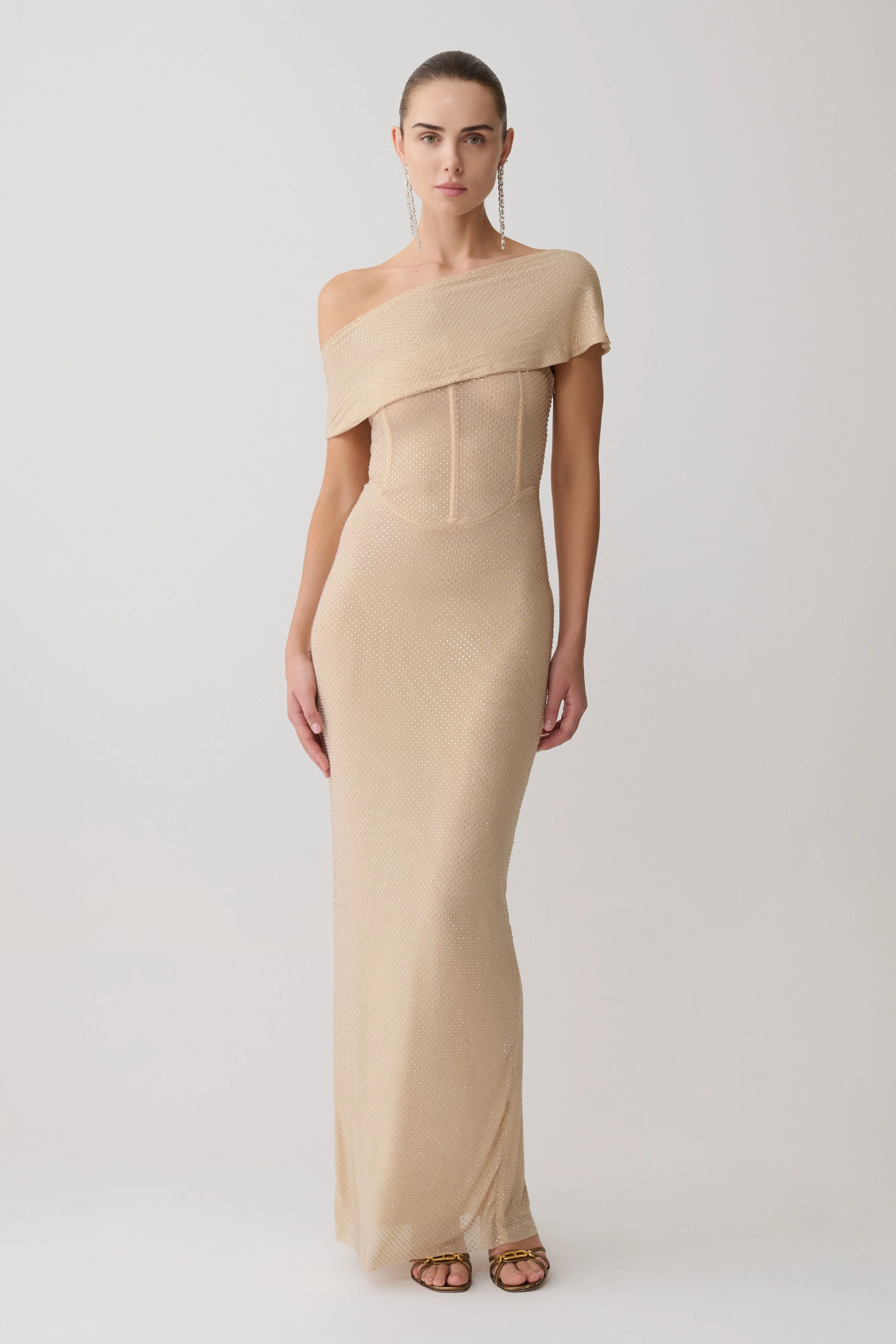 Phi Multi-Wear Cowl Diamante Maxi Dress - Gold - Image 9