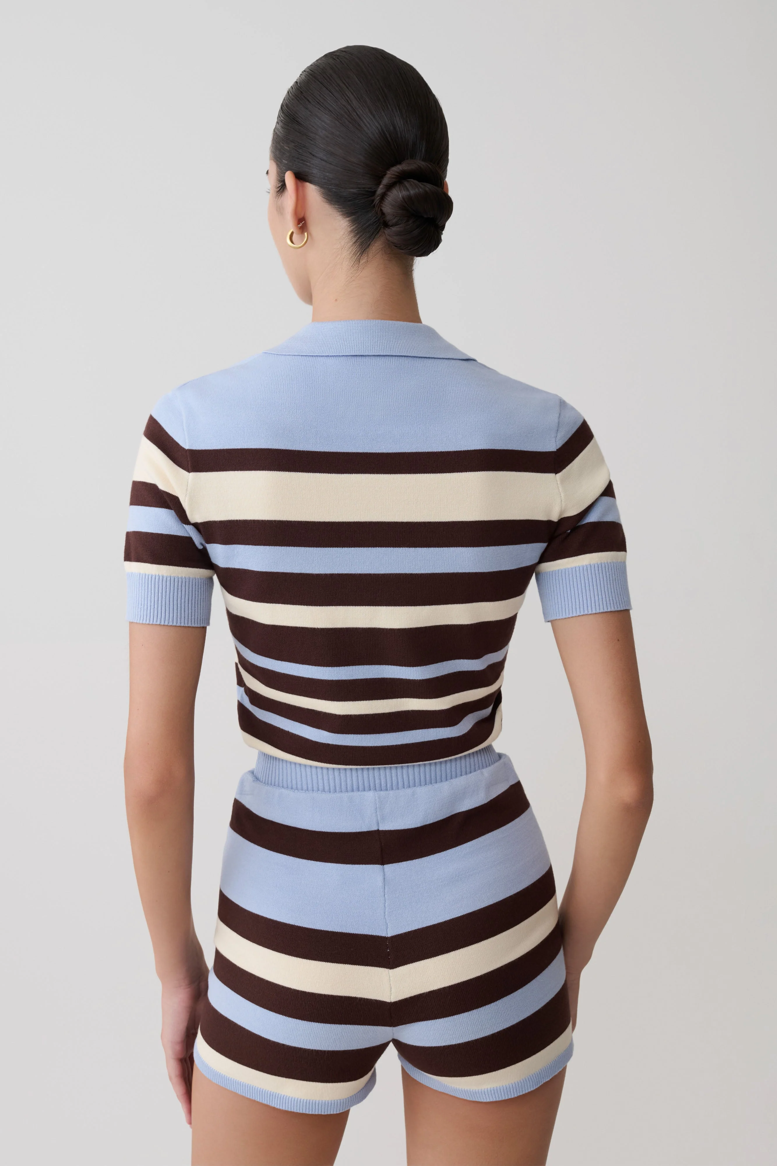 Philly Stripe Knit Button Up Top - Chocolate/Blue - Image 2
