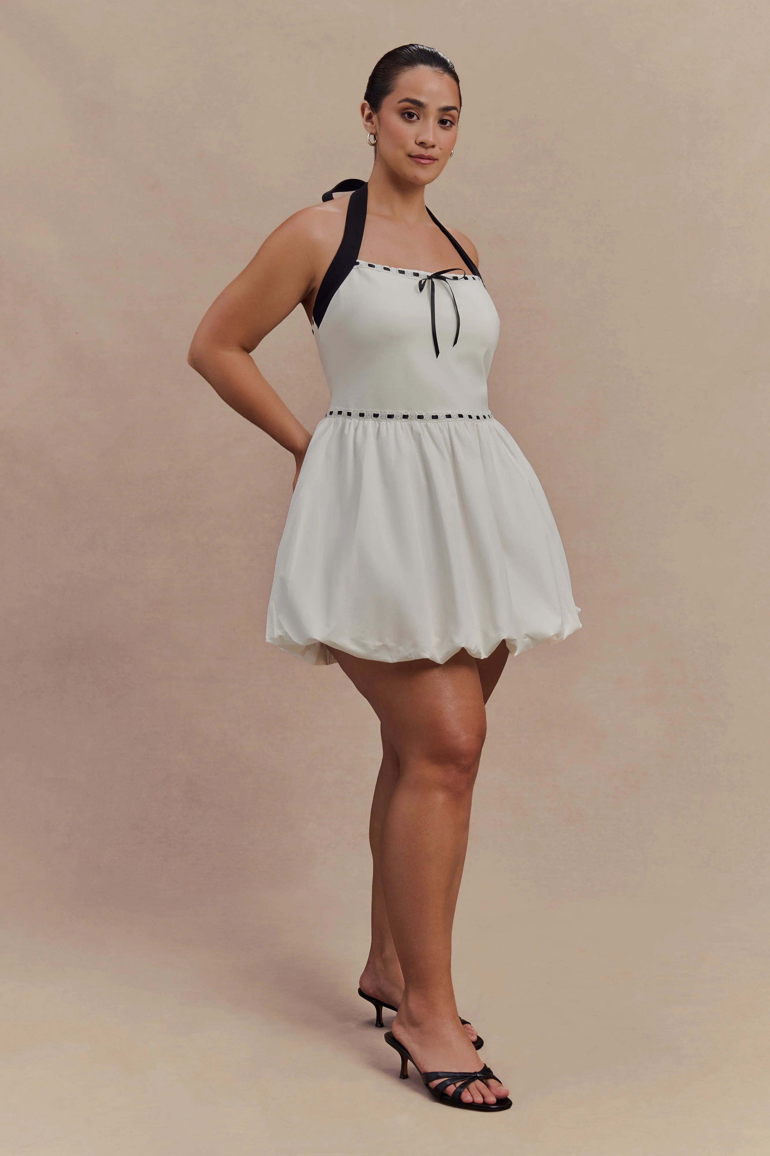 Queenie Halter Bubble Mini Dress - Black/White - Image 8