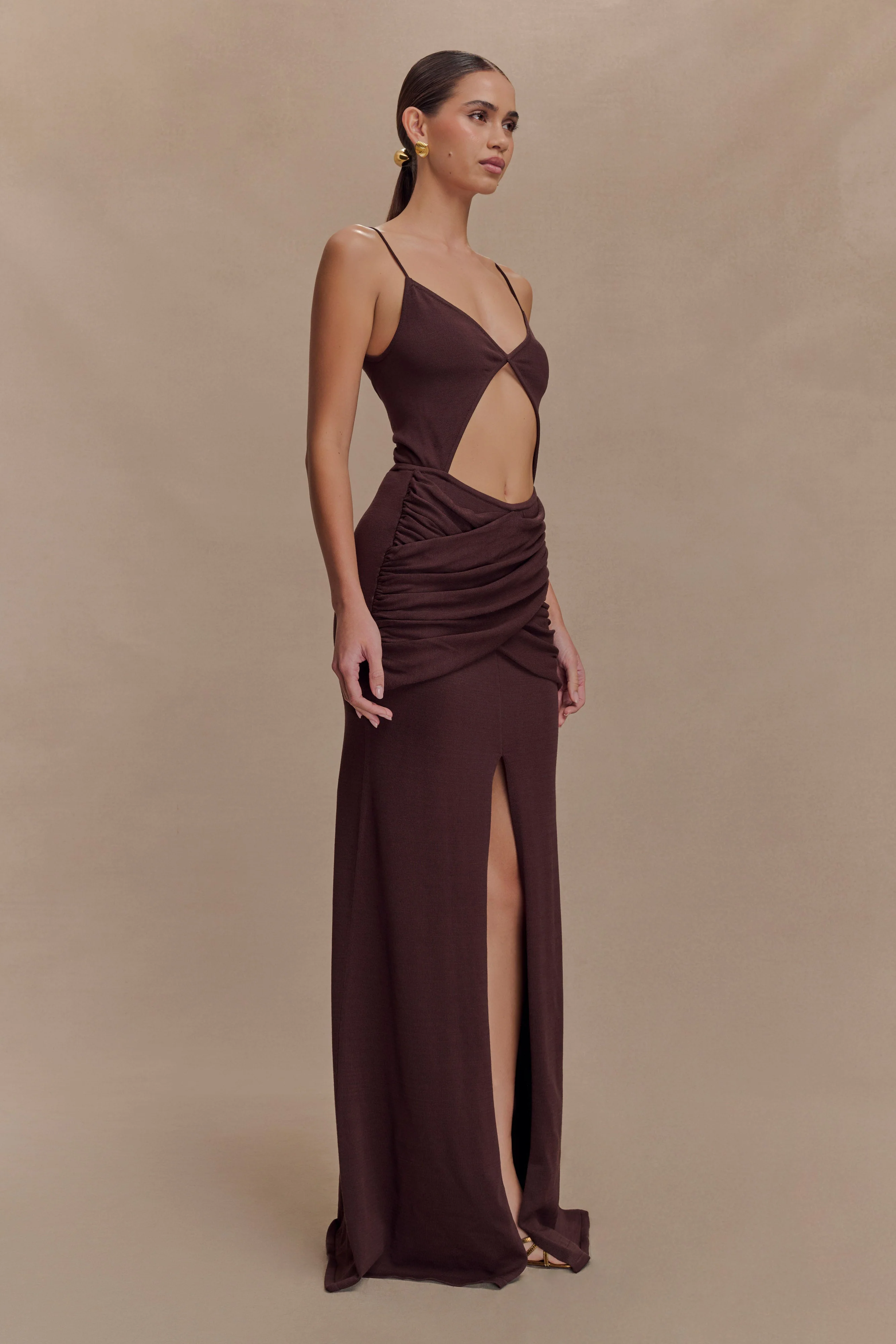 Reama Wrap Over Knit Maxi Dress - Chocolate - Image 3