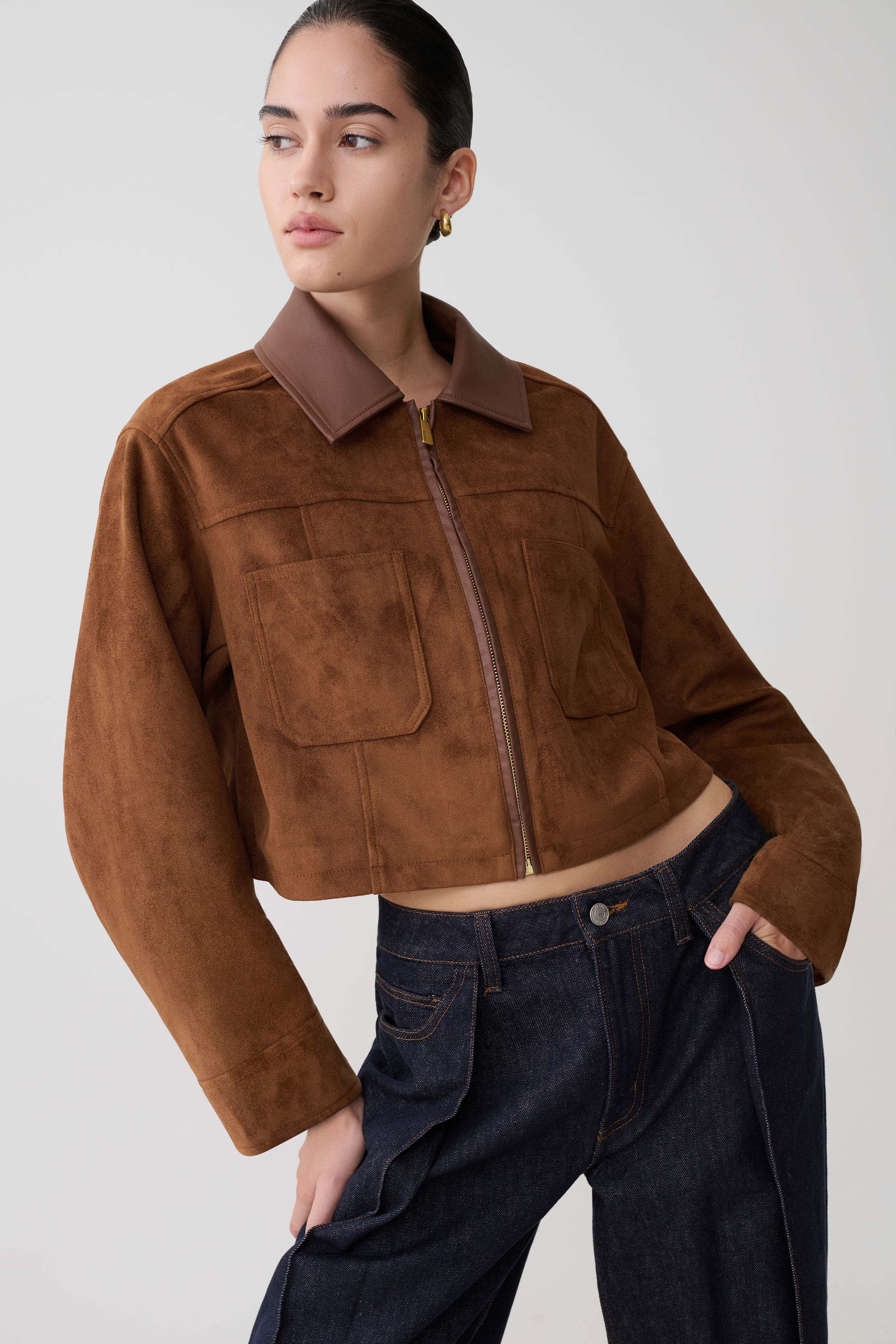 Remy Faux Suede & Leather Collared Jacket - Tan - Image 3