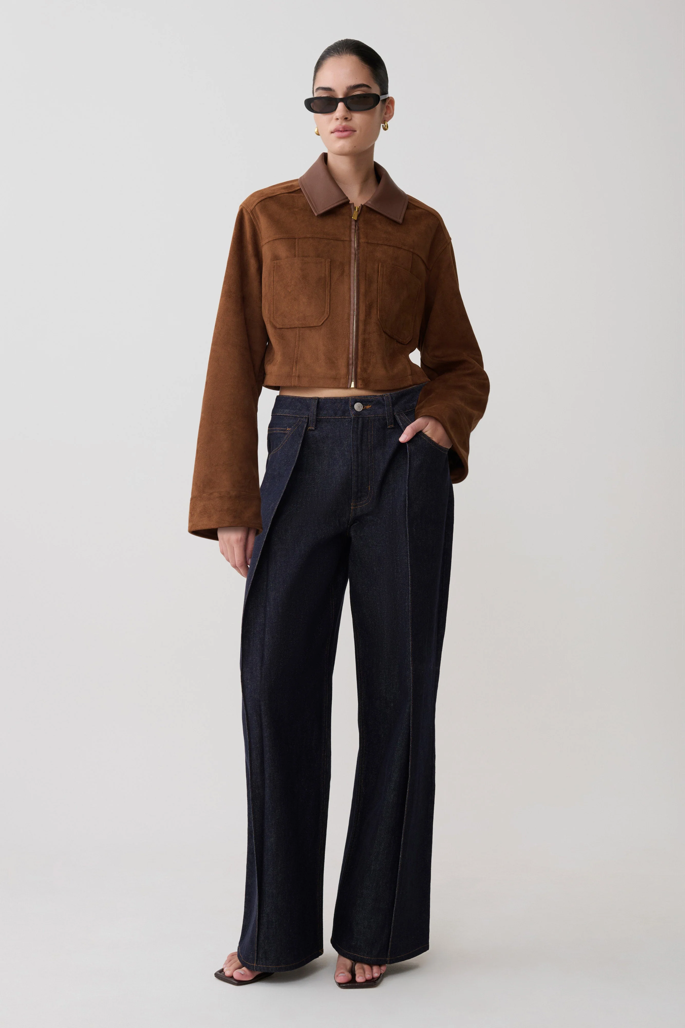 Remy Faux Suede & Leather Collared Jacket - Tan - Image 4