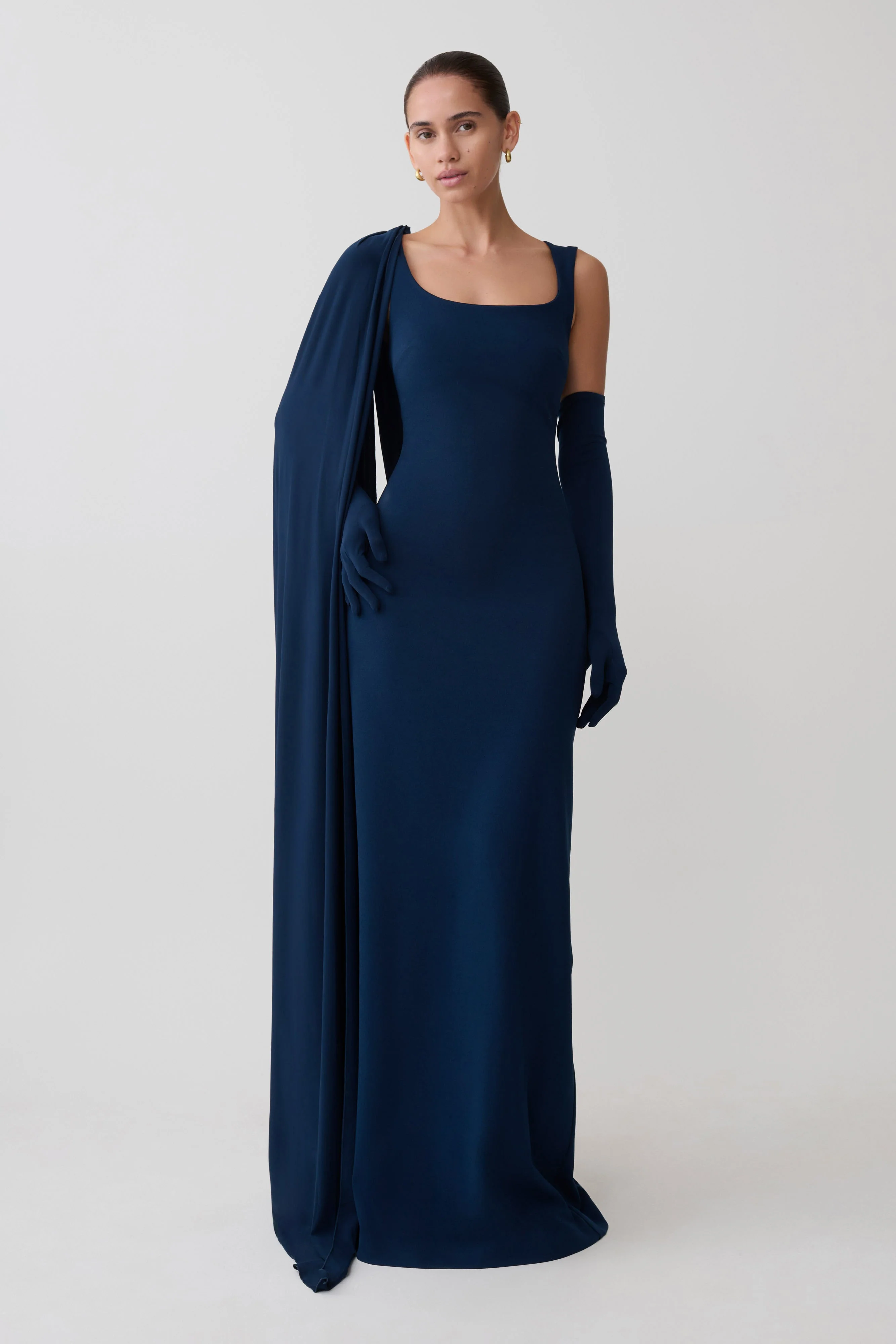 Rhea Detachable Cape Jersey Maxi Dress - Navy - Image 8
