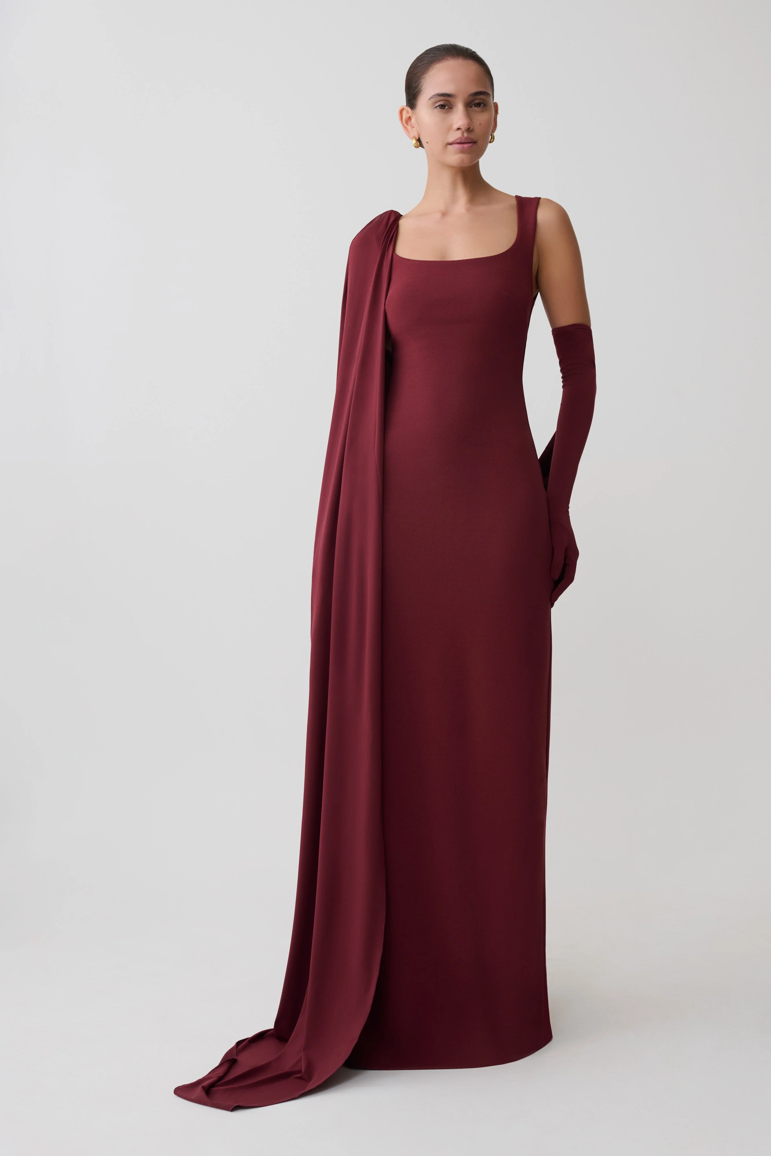 Rhea Detachable Cape Jersey Maxi Dress - Wine - Image 7
