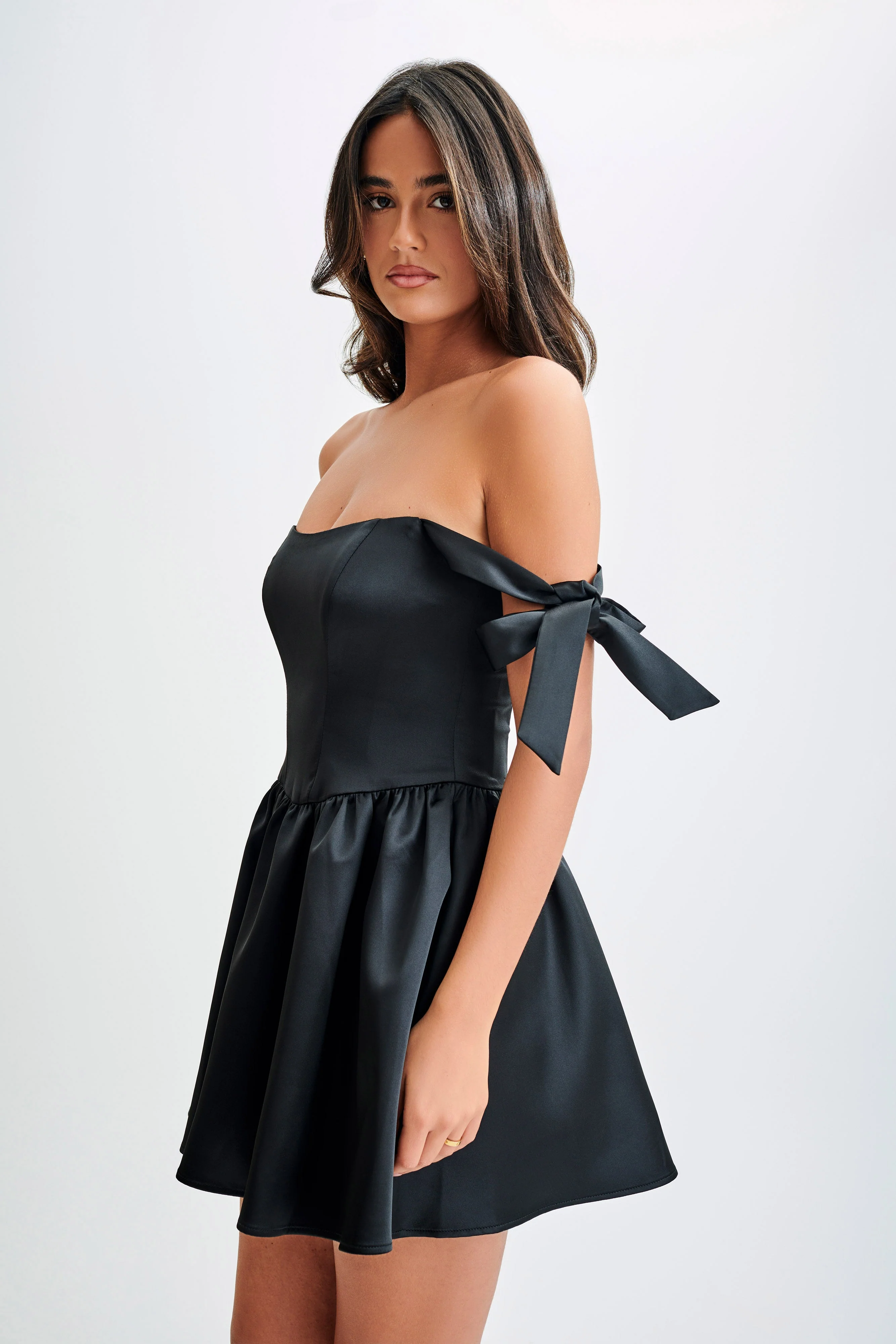 Rita Satin Mini Dress With Bow Sleeves - Black - Image 8