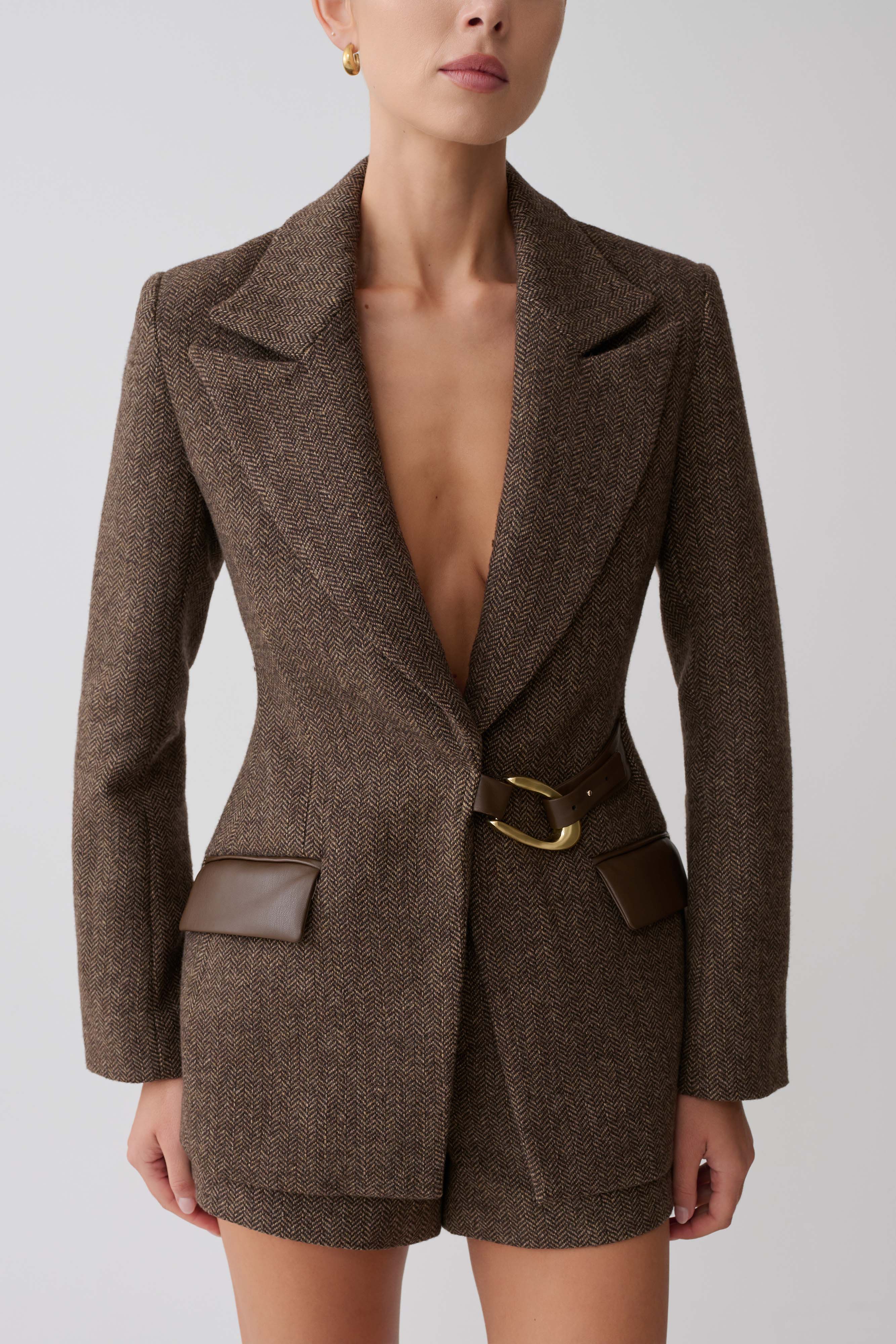 Romy Structured Blazer With Hardware - Herringbone - Image 3
