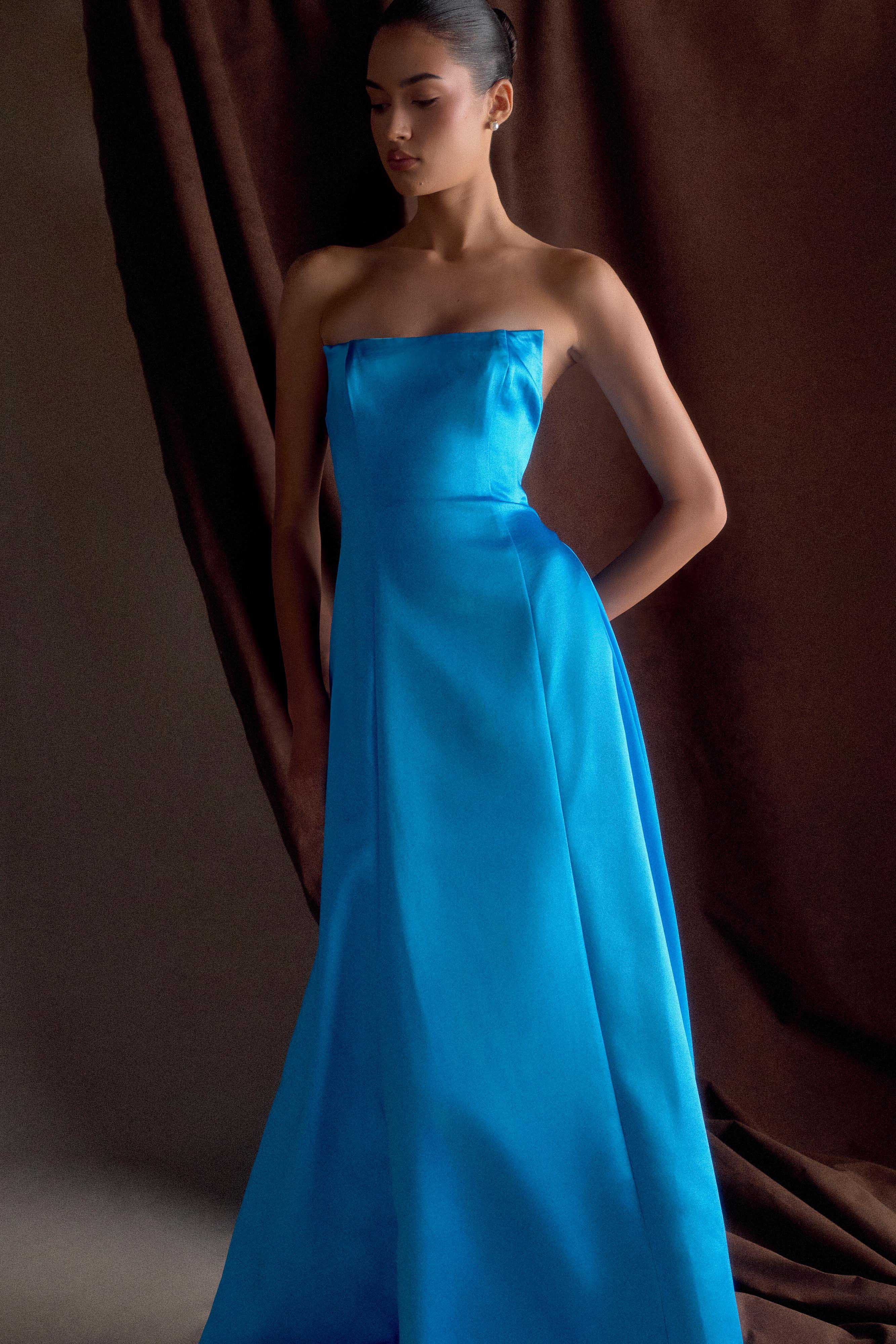 Rosella Satin Strapless Maxi Dress - Cyan Blue - Image 4