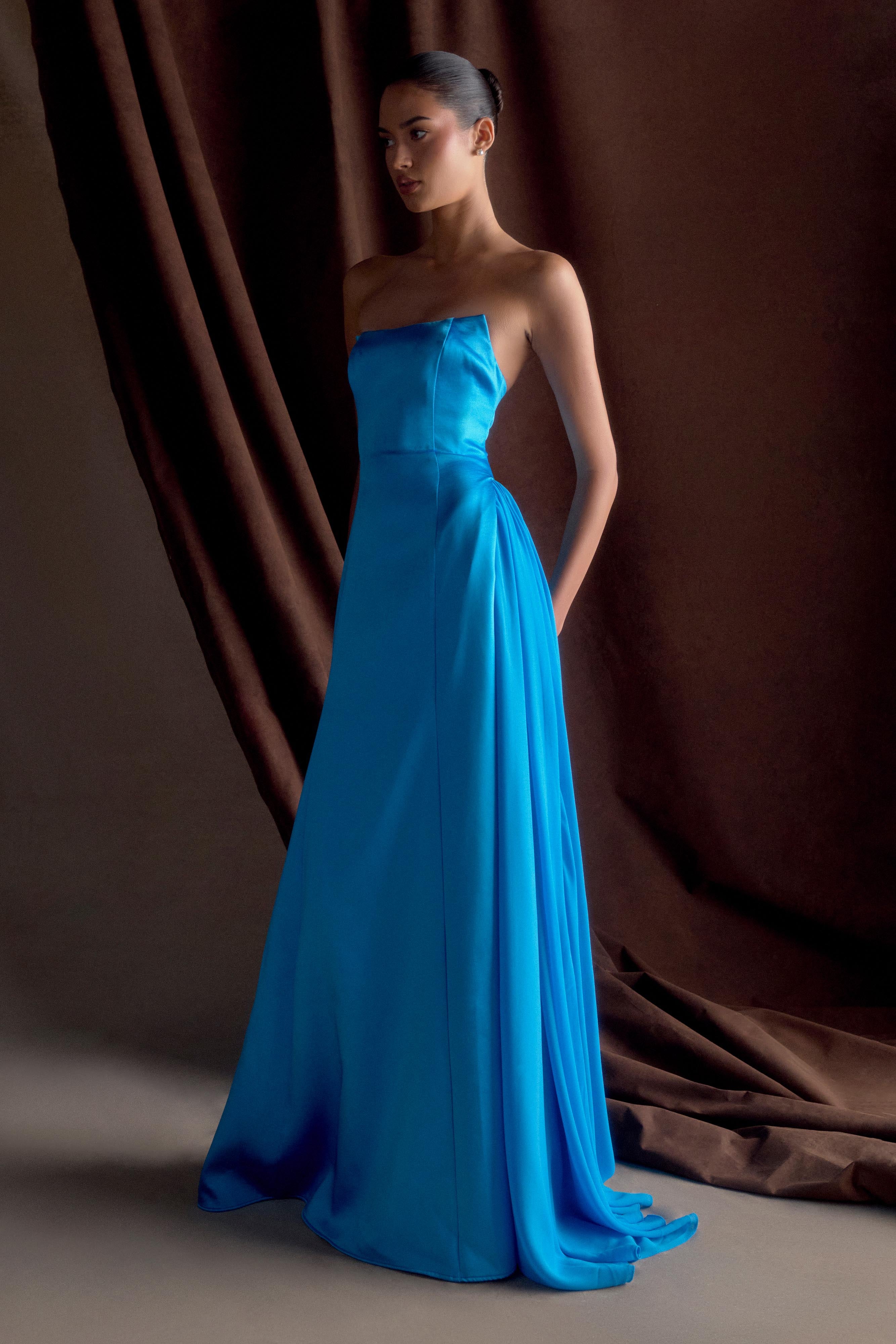 Rosella Satin Strapless Maxi Dress - Cyan Blue - Image 5