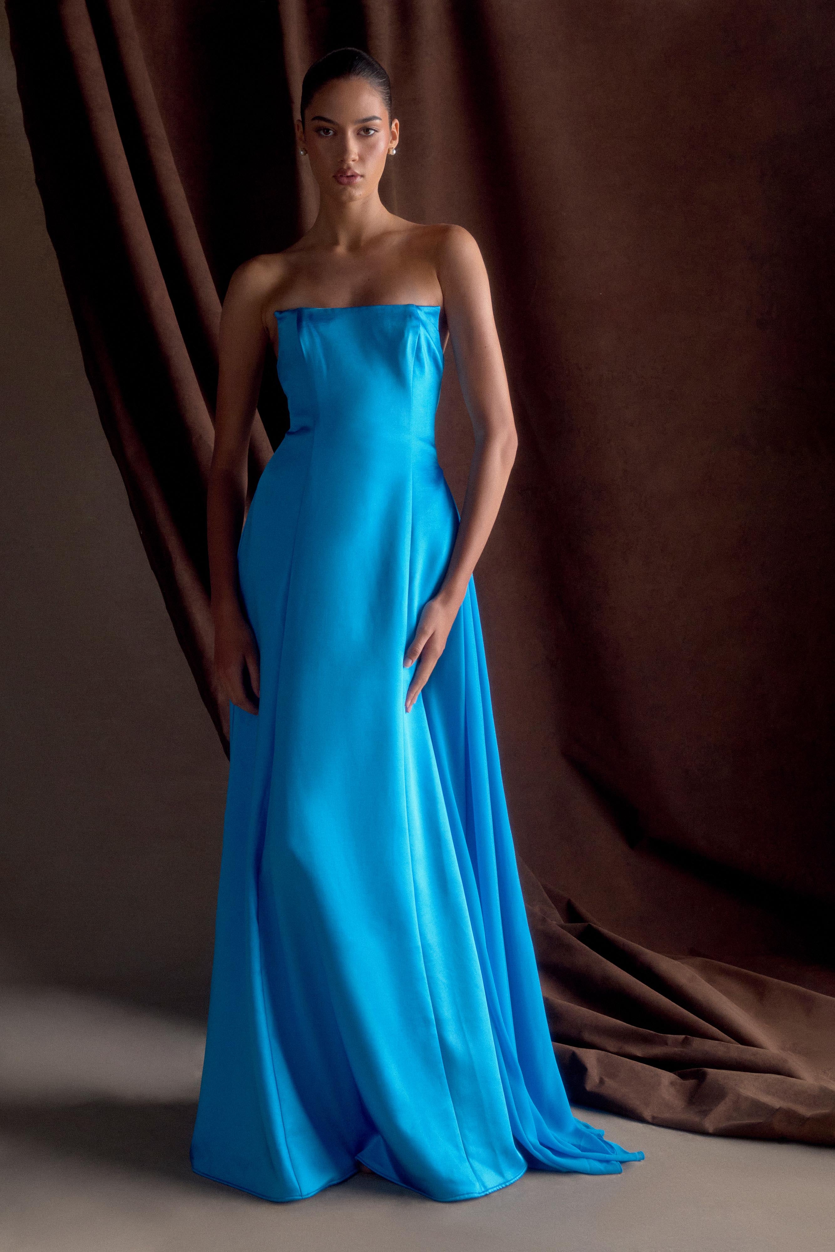 Rosella Satin Strapless Maxi Dress - Cyan Blue - Image 7