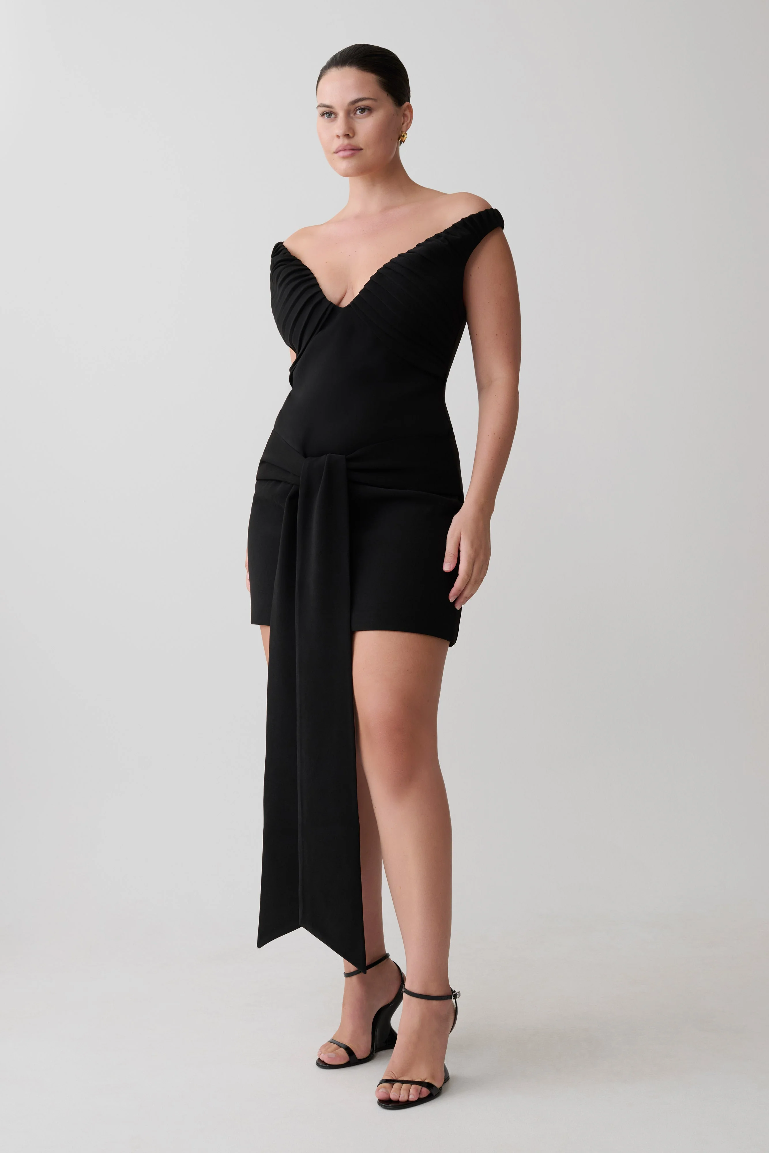Runa Off Shoulder Mini Dress With Waist Tie - Black - Image 3