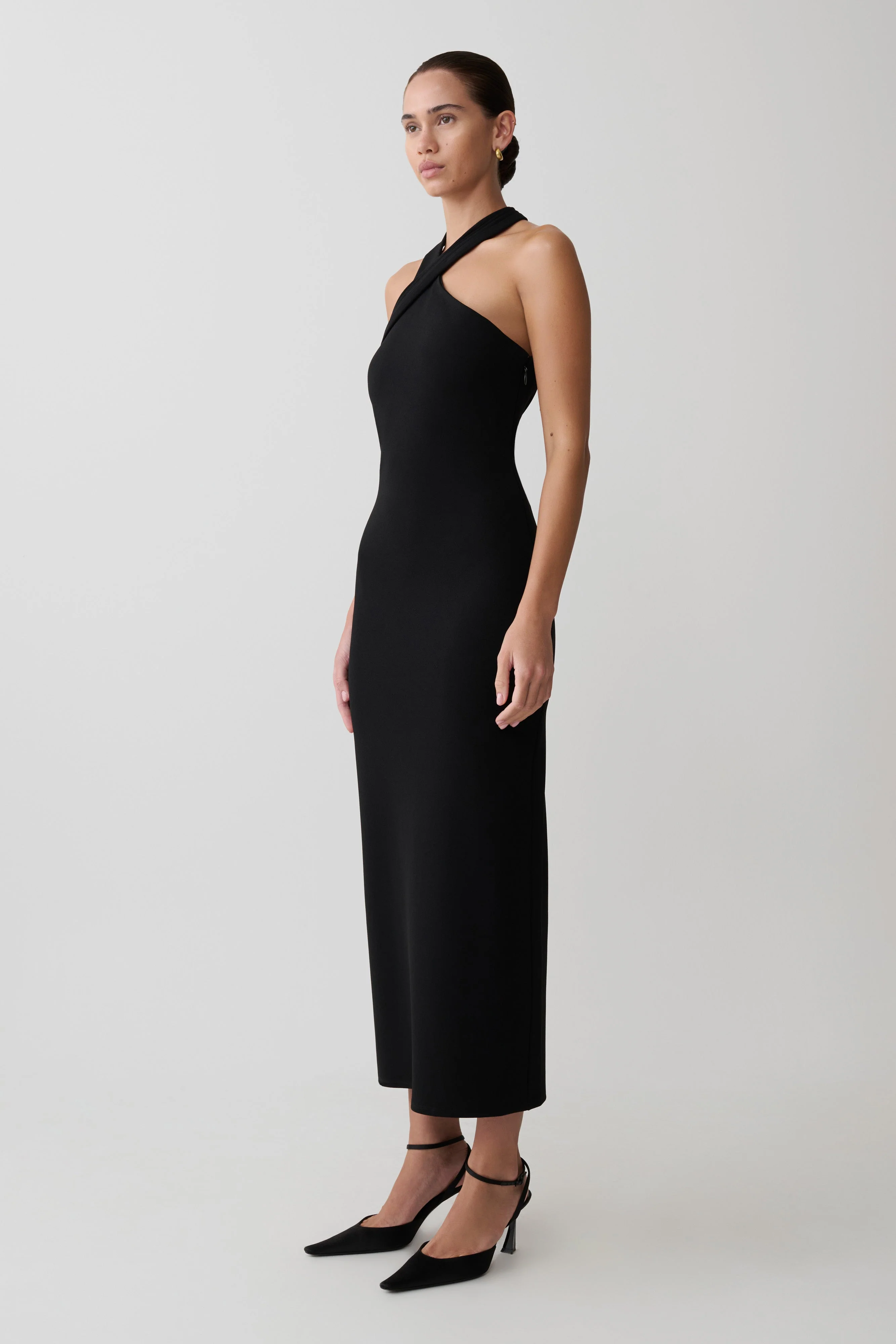 Sable Crossover Crepe Midi Dress - Black - Image 4