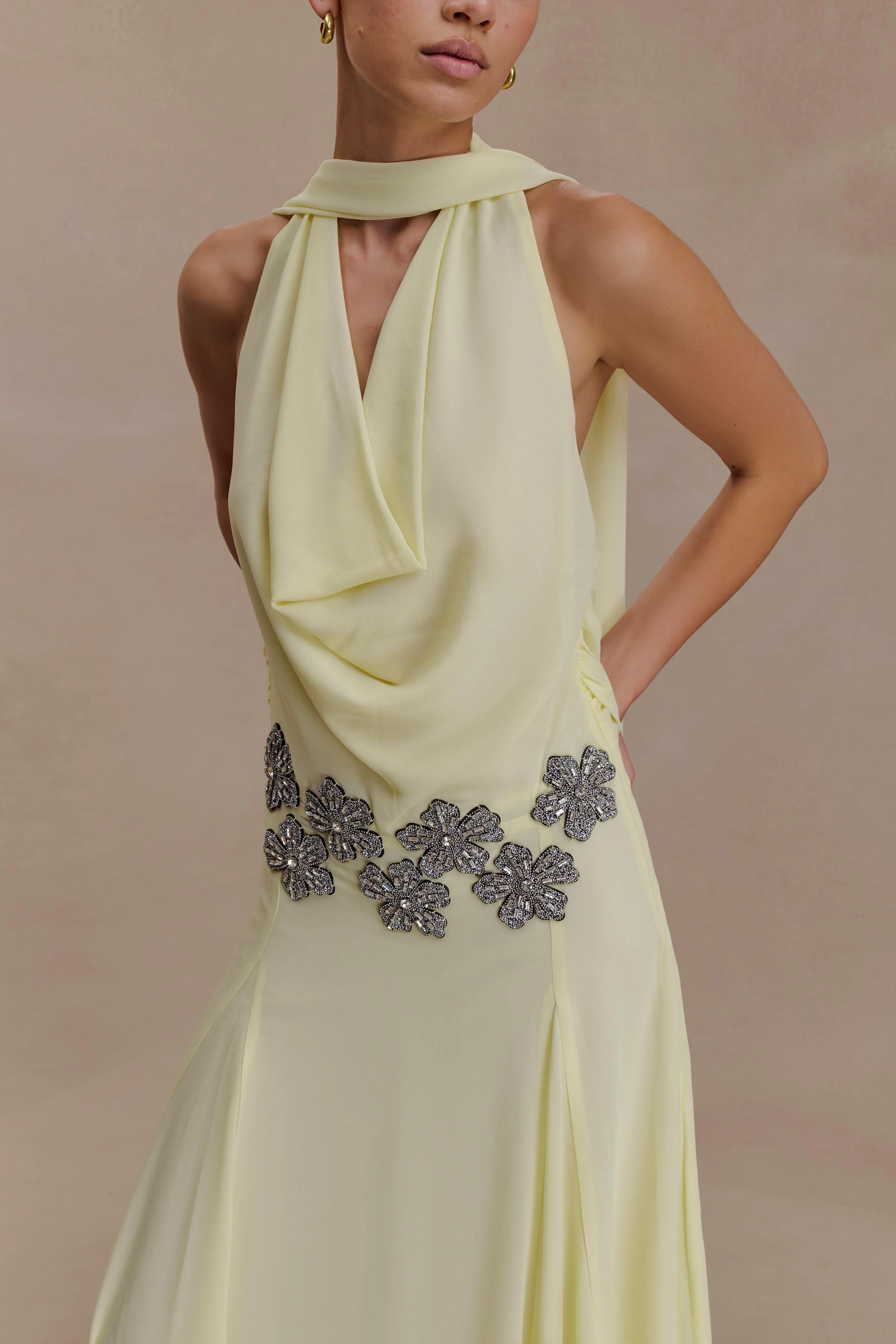 Santal Floral Chiffon Halter Maxi Dress - Lemon - Image 4