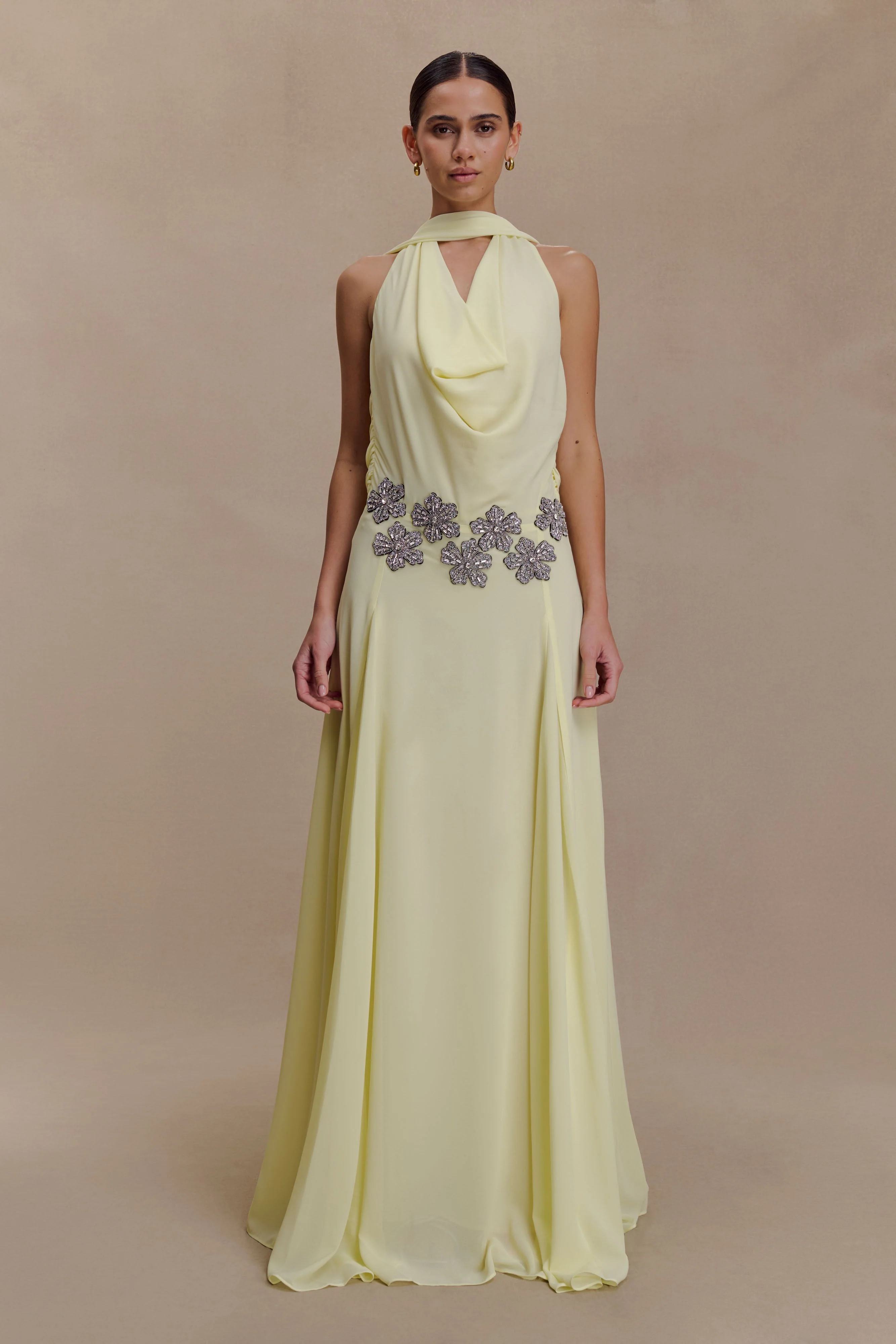 Santal Floral Chiffon Halter Maxi Dress - Lemon - Image 5