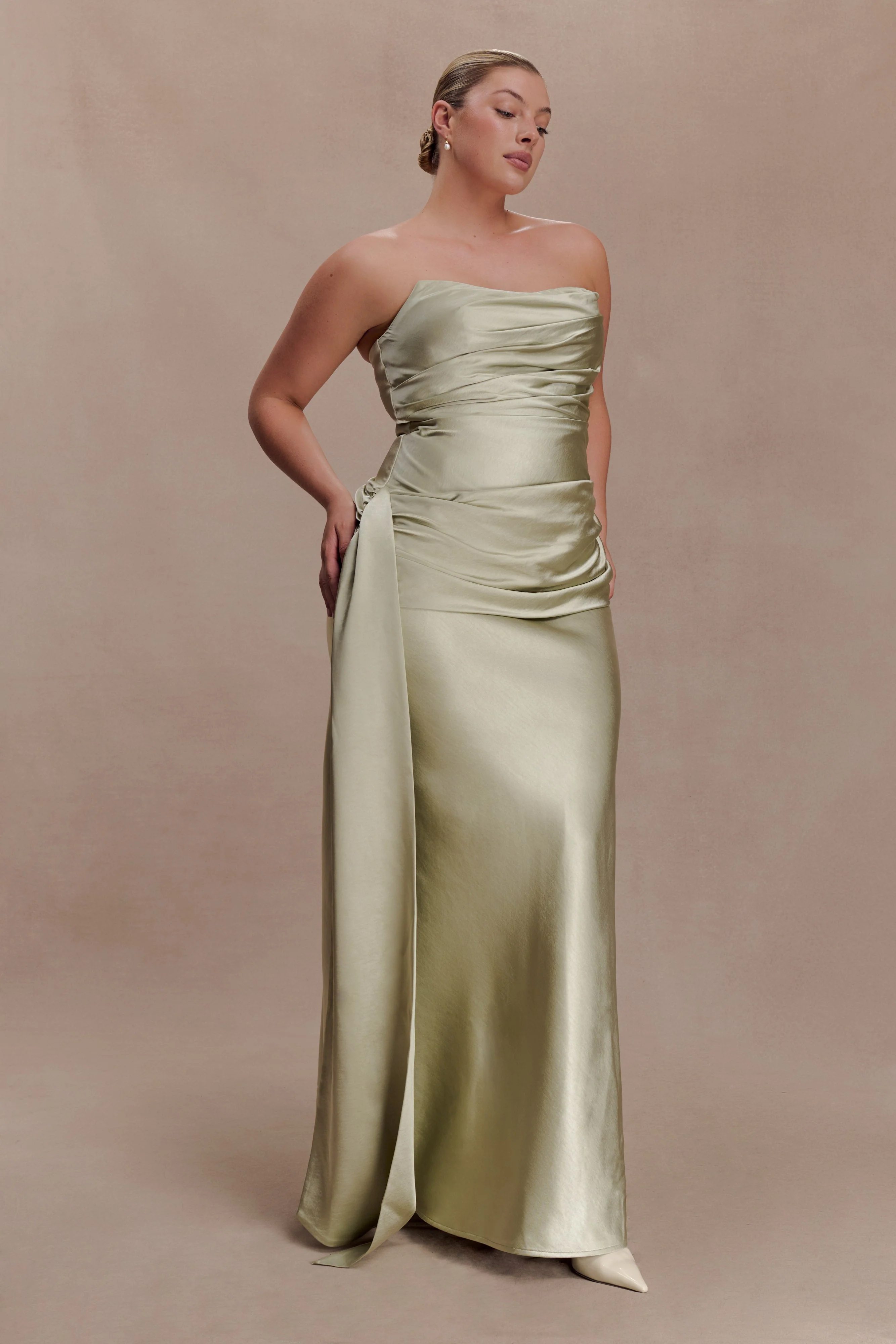 Sarah Strapless Maxi Dress With Waist Tie - Sage - Image 4