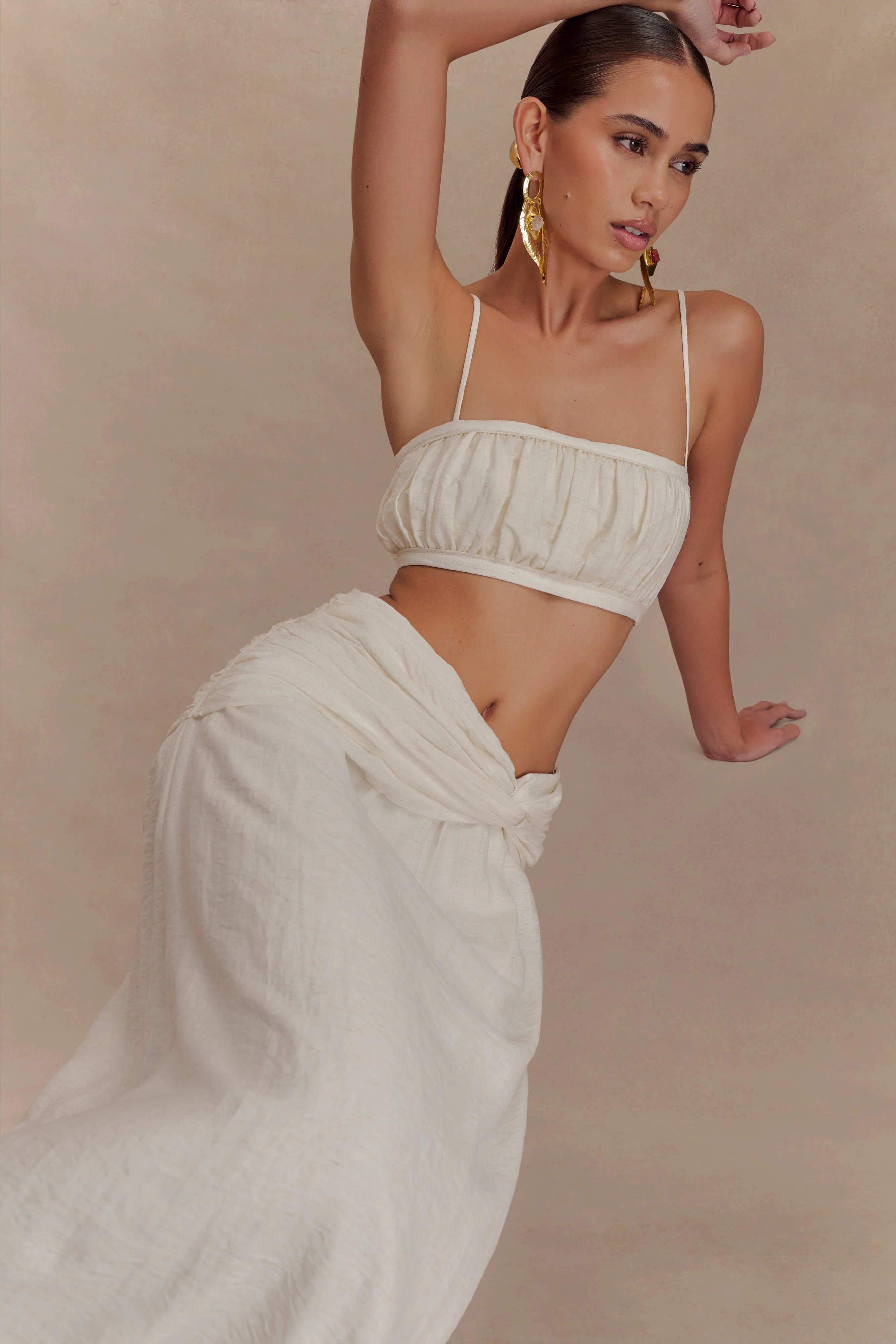 Scottie Gathered Linen Knot Maxi Skirt - Oat Marle - Image 3