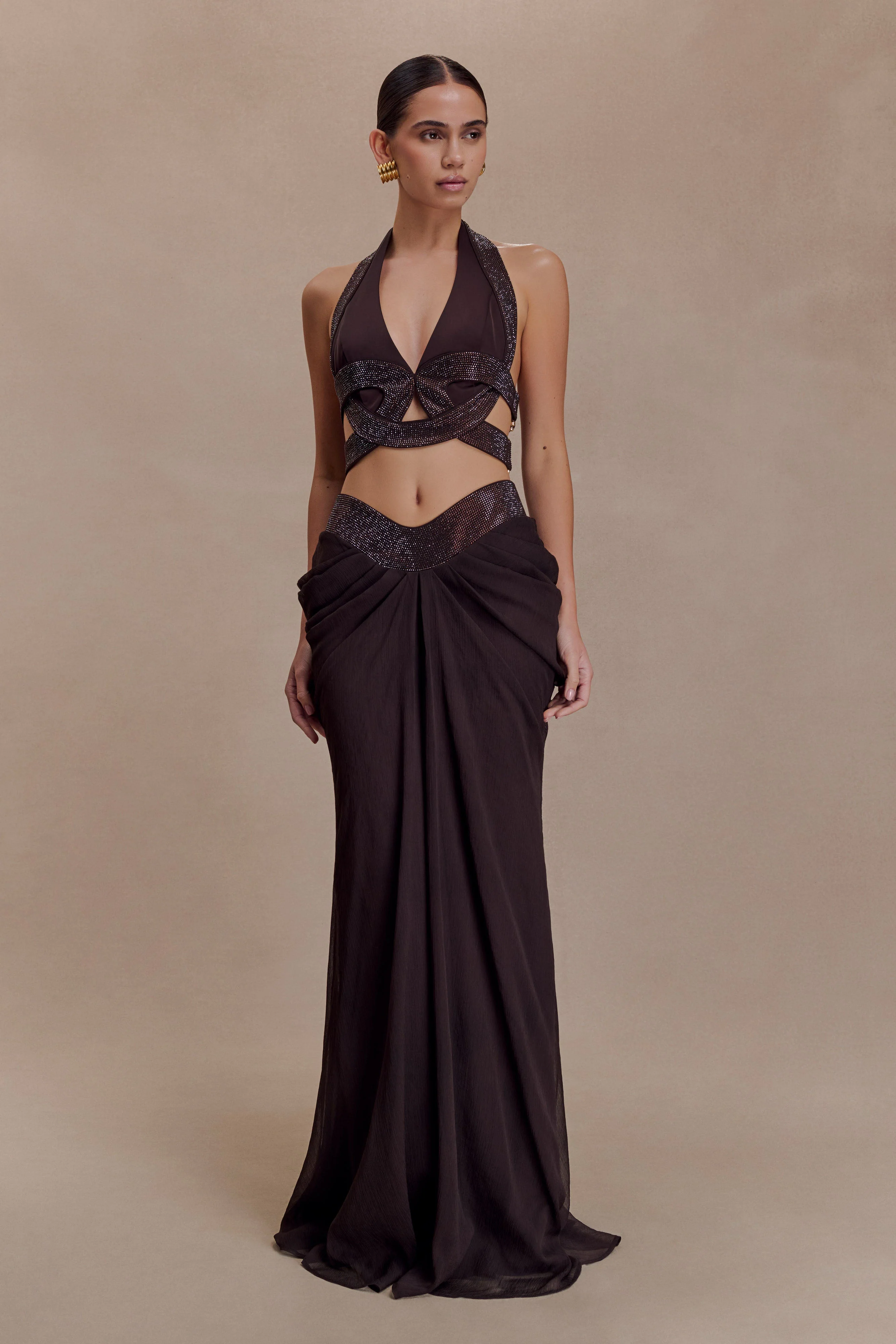 Siren Satin And Diamante Halter Top - Dark Chocolate - Image 5