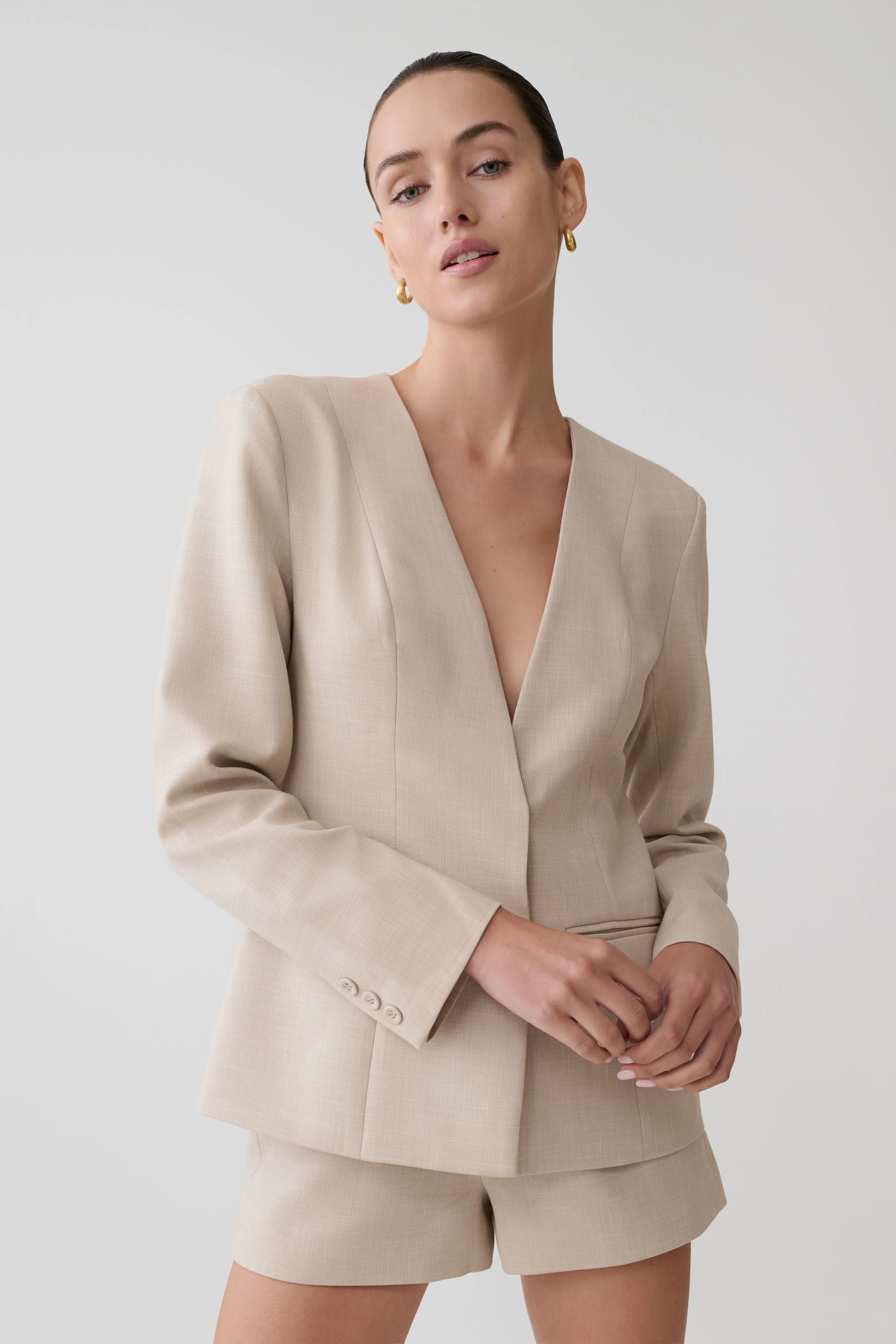 Solenne Collarless Suiting Blazer - Natural Marle - Image 3