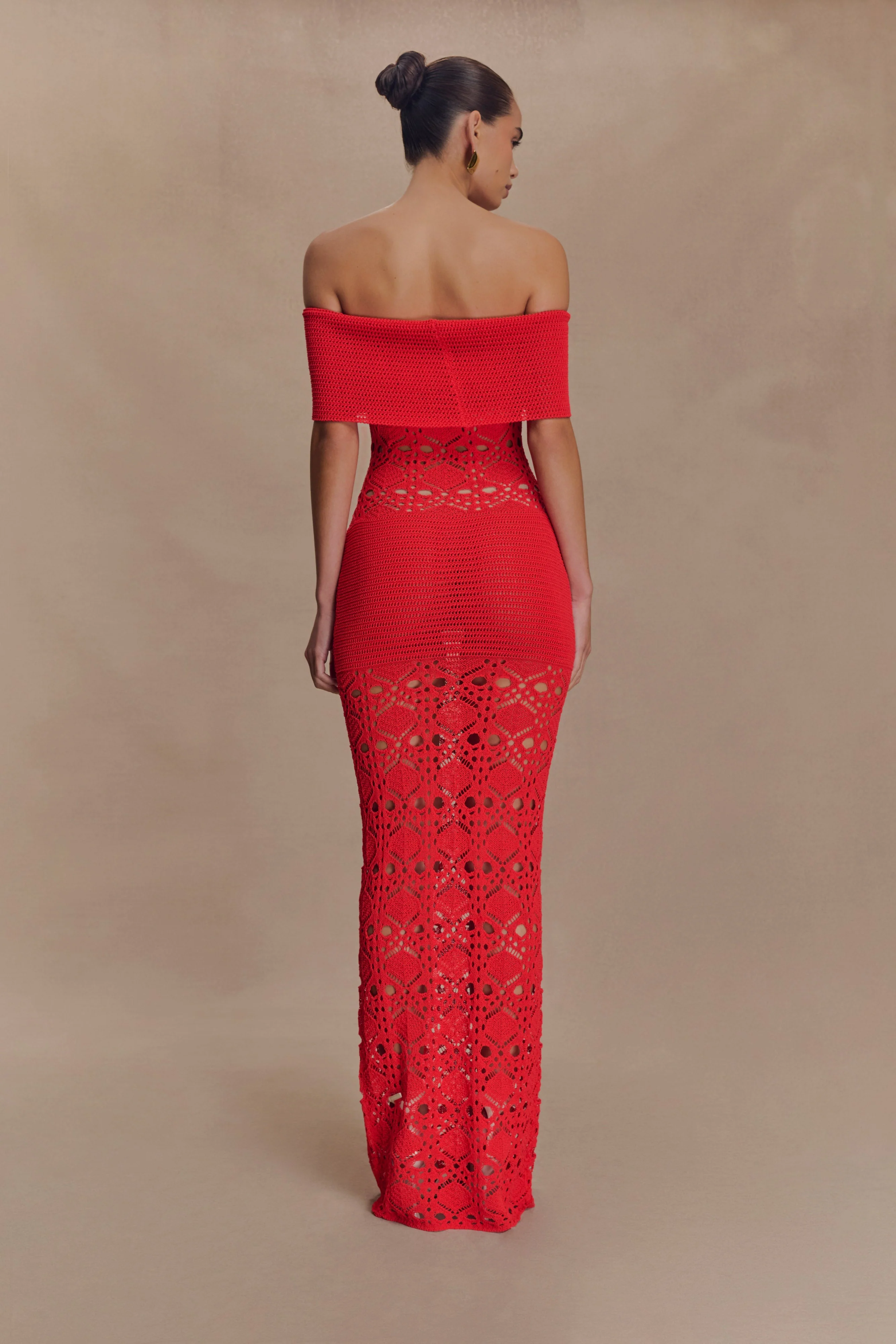 Solstice Off Shoulder Crochet Knit Maxi Dress - Blood Orange - Image 2