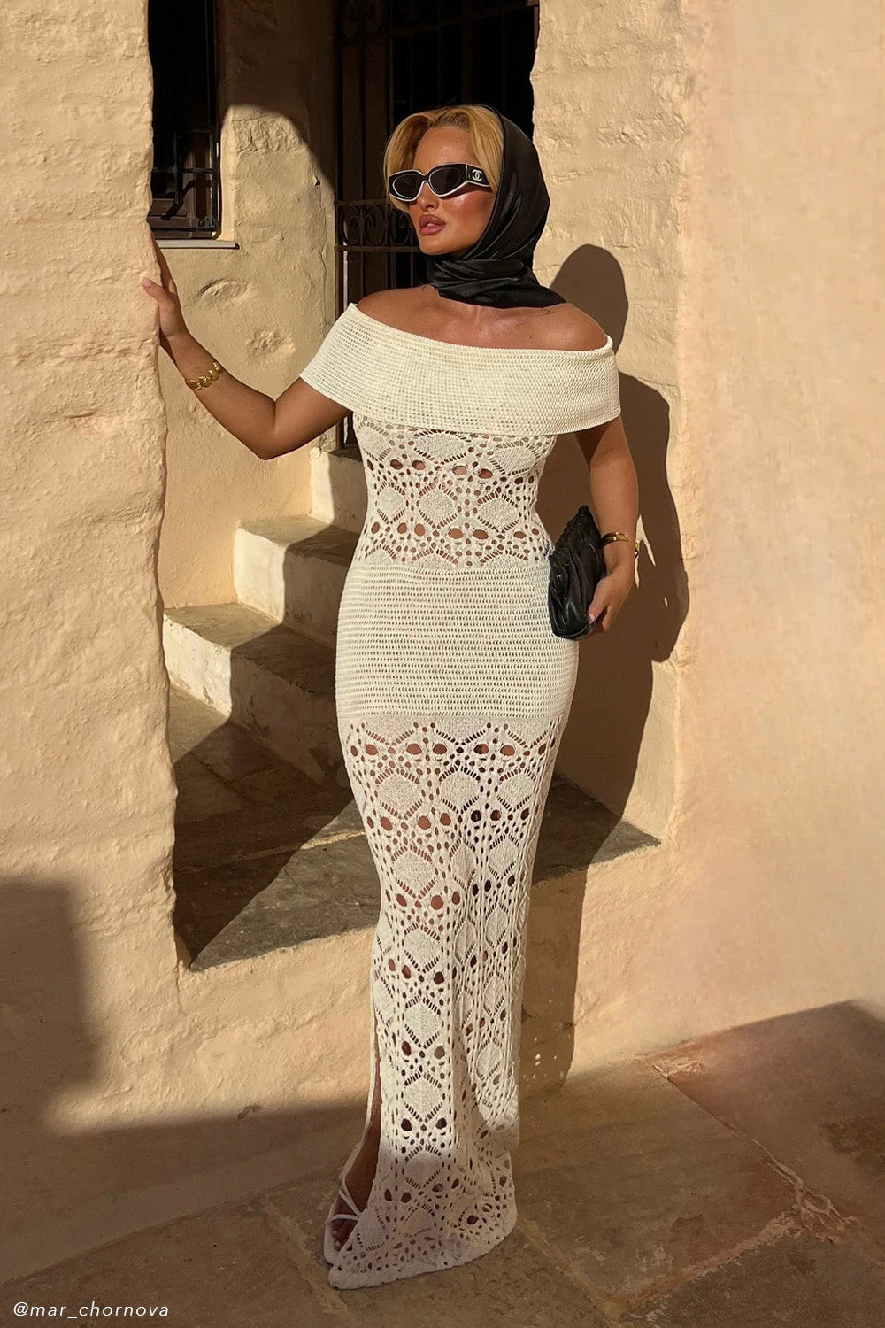 Solstice Off Shoulder Crochet Knit Maxi Dress - Ivory - Image 2