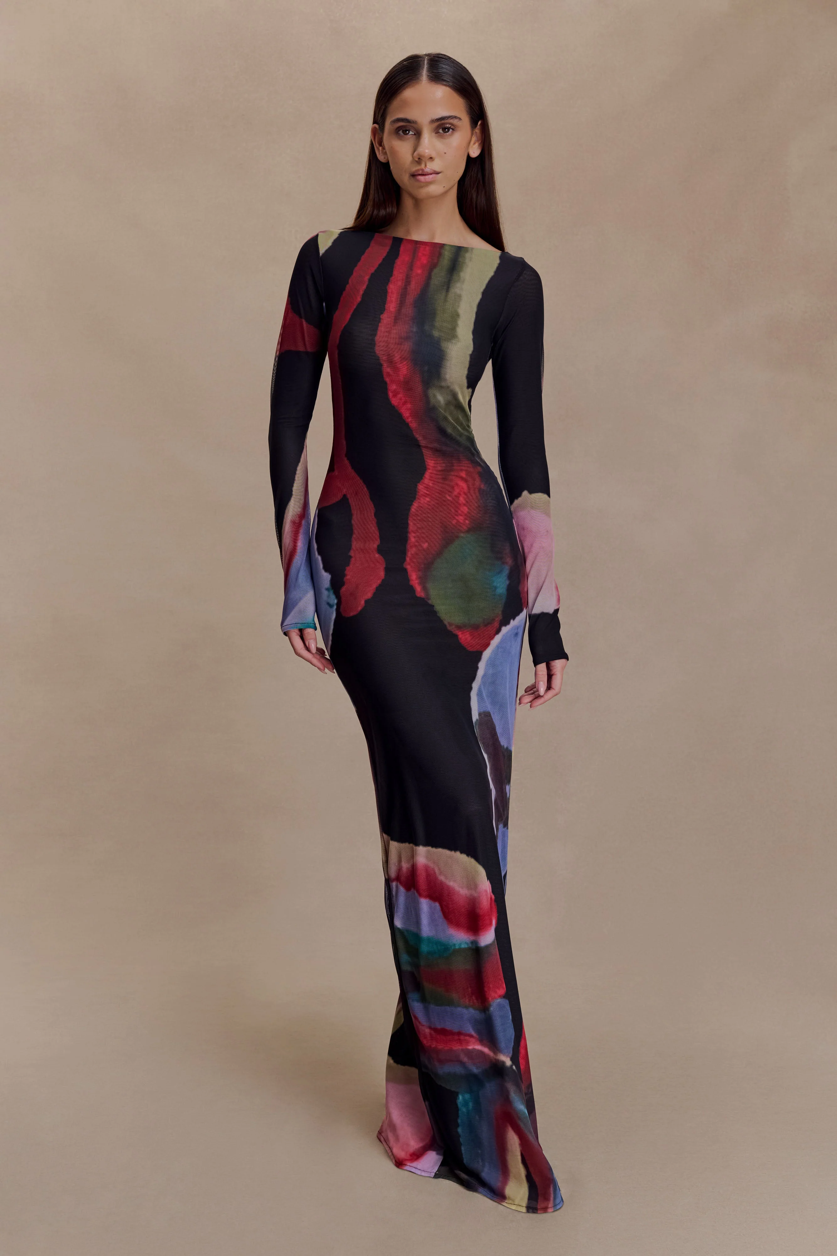 Soraya Long Sleeve Mesh Maxi Dress - Multi Fluid Reverie Print - Image 6
