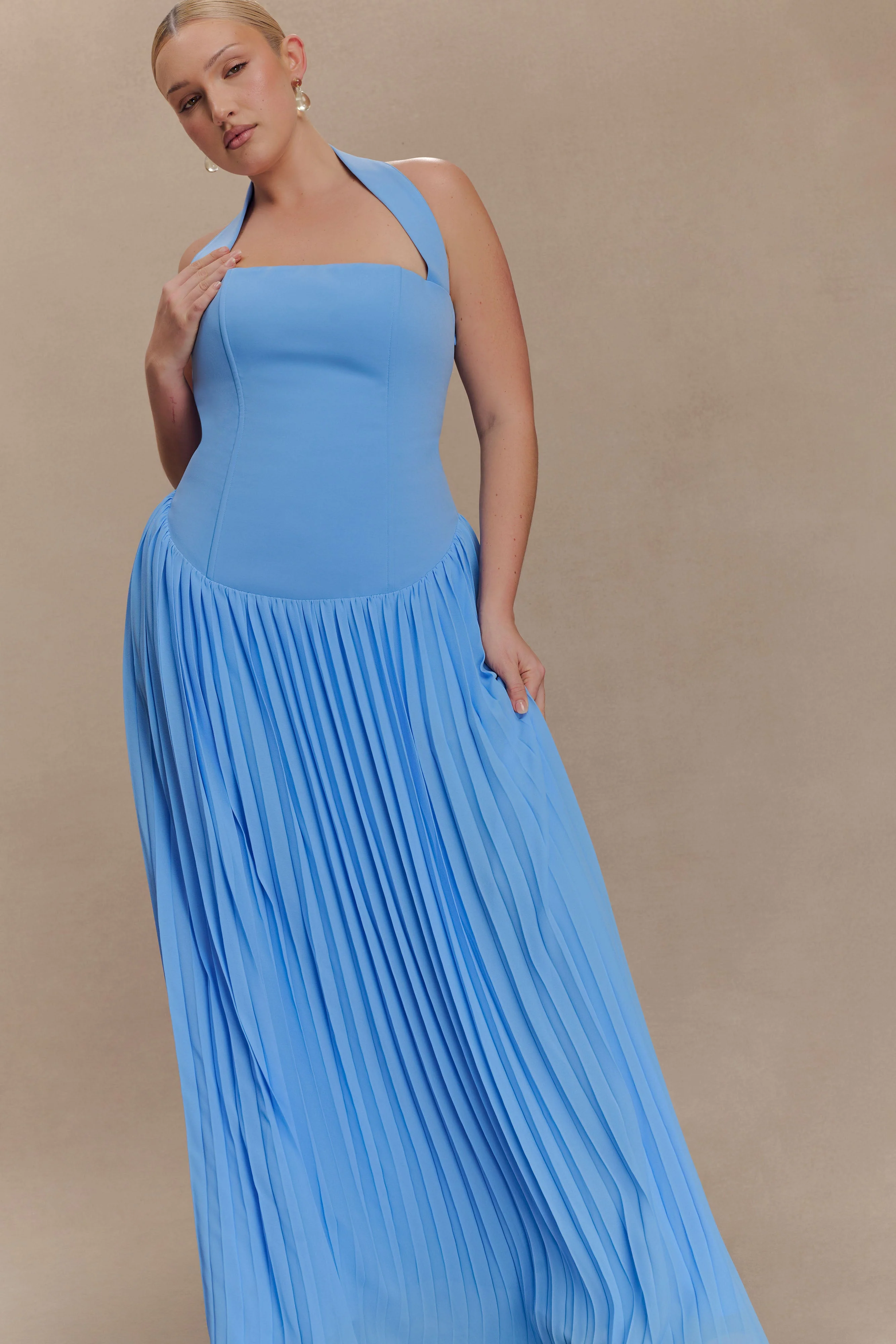 Stacie Pleated Halter Maxi Dress - Bright Blue - Image 7
