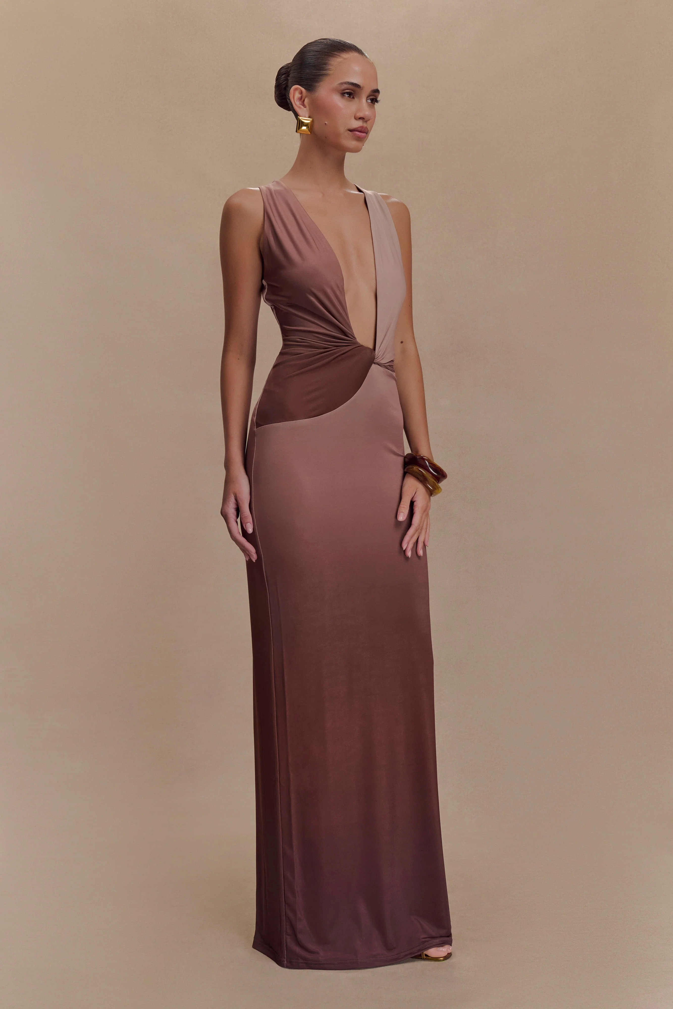 Stella Draped Slinky Maxi Dress - Mocha Ombre - Image 4