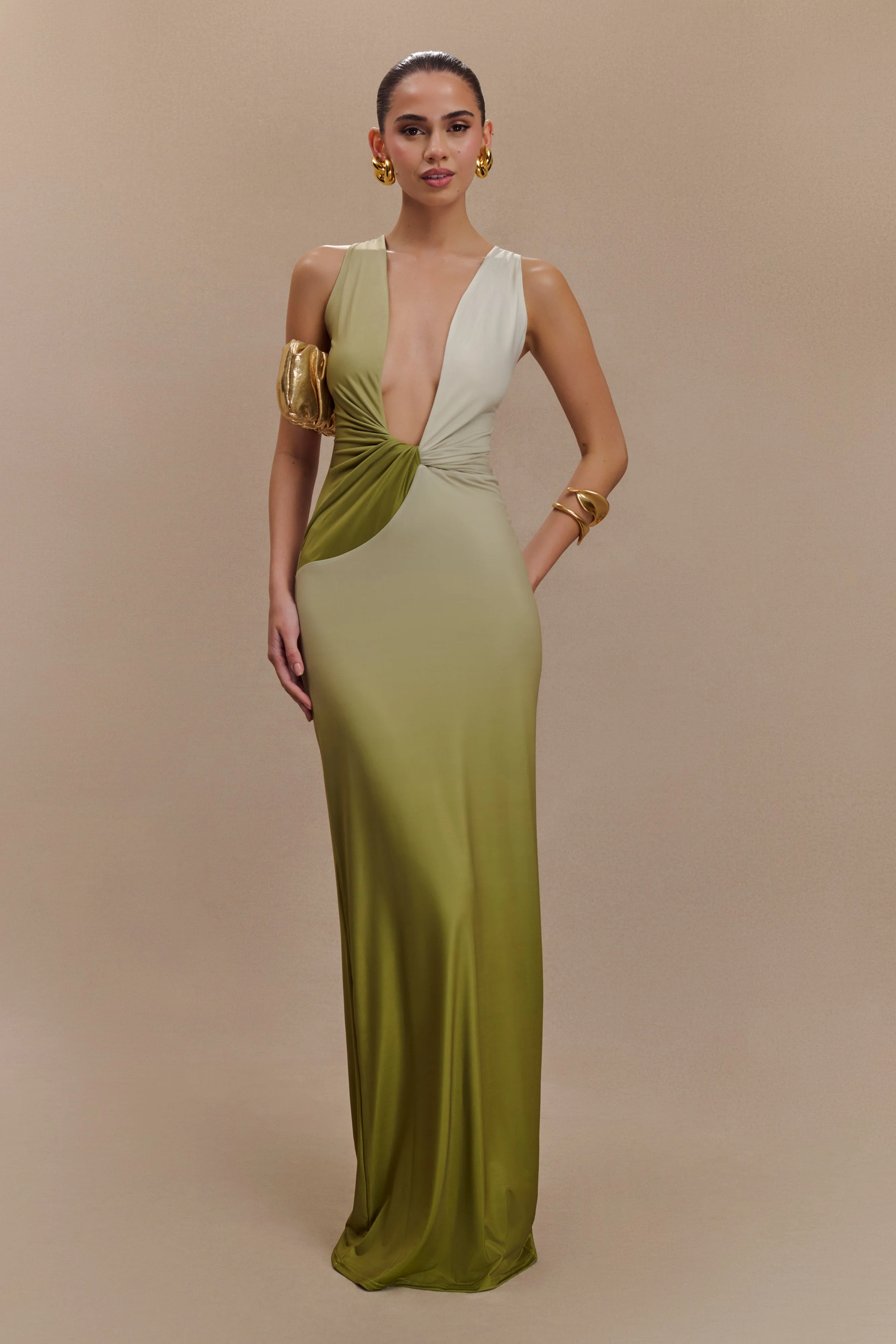 Stella Draped Slinky Maxi Dress - Ombre Vintage Olive - Image 4