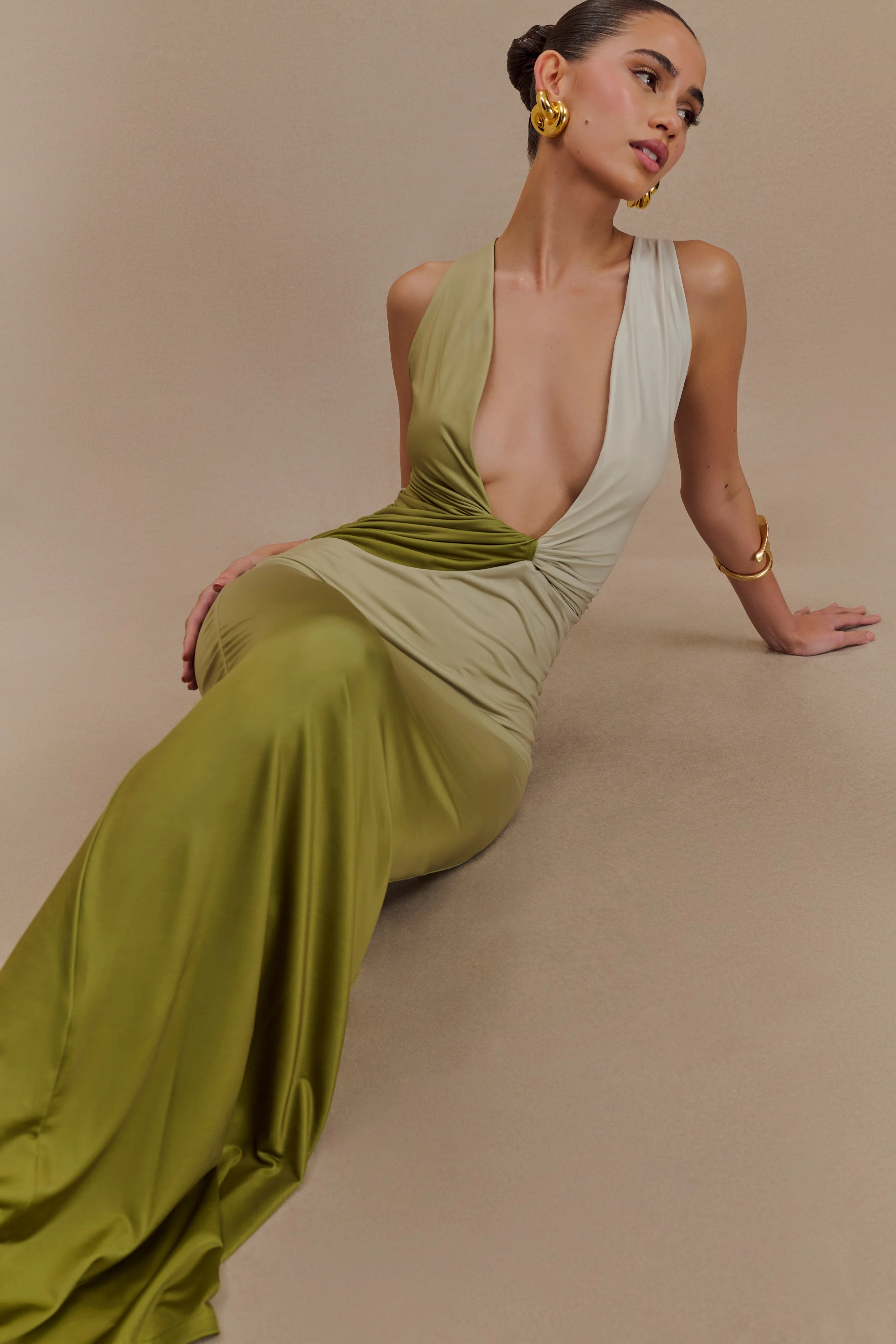 Stella Draped Slinky Maxi Dress - Ombre Vintage Olive - Image 5