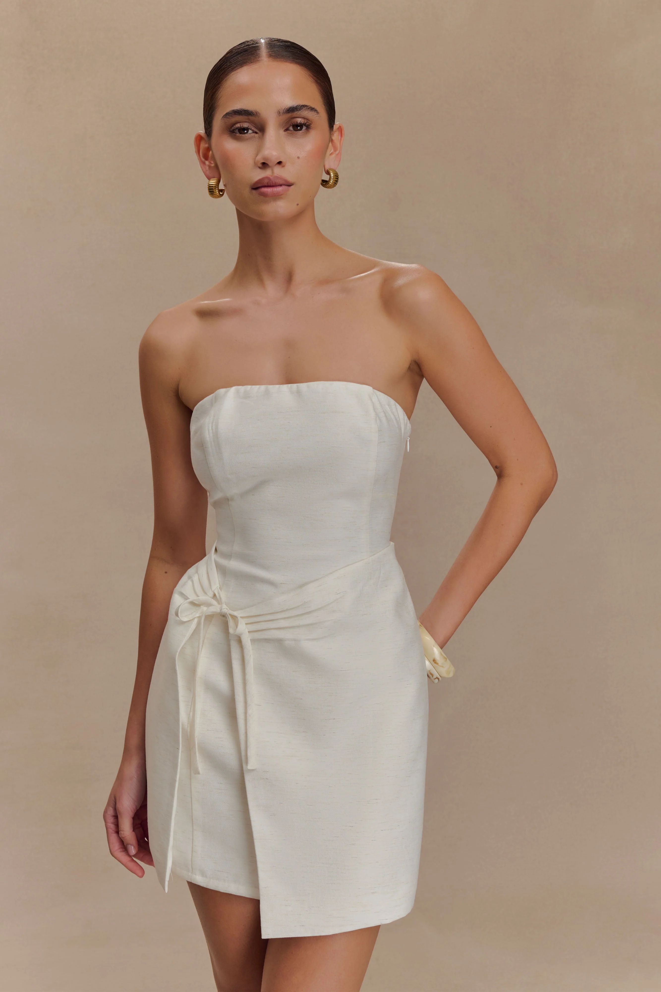 Steph Strapless Linen Mini Dress - White - Image 6
