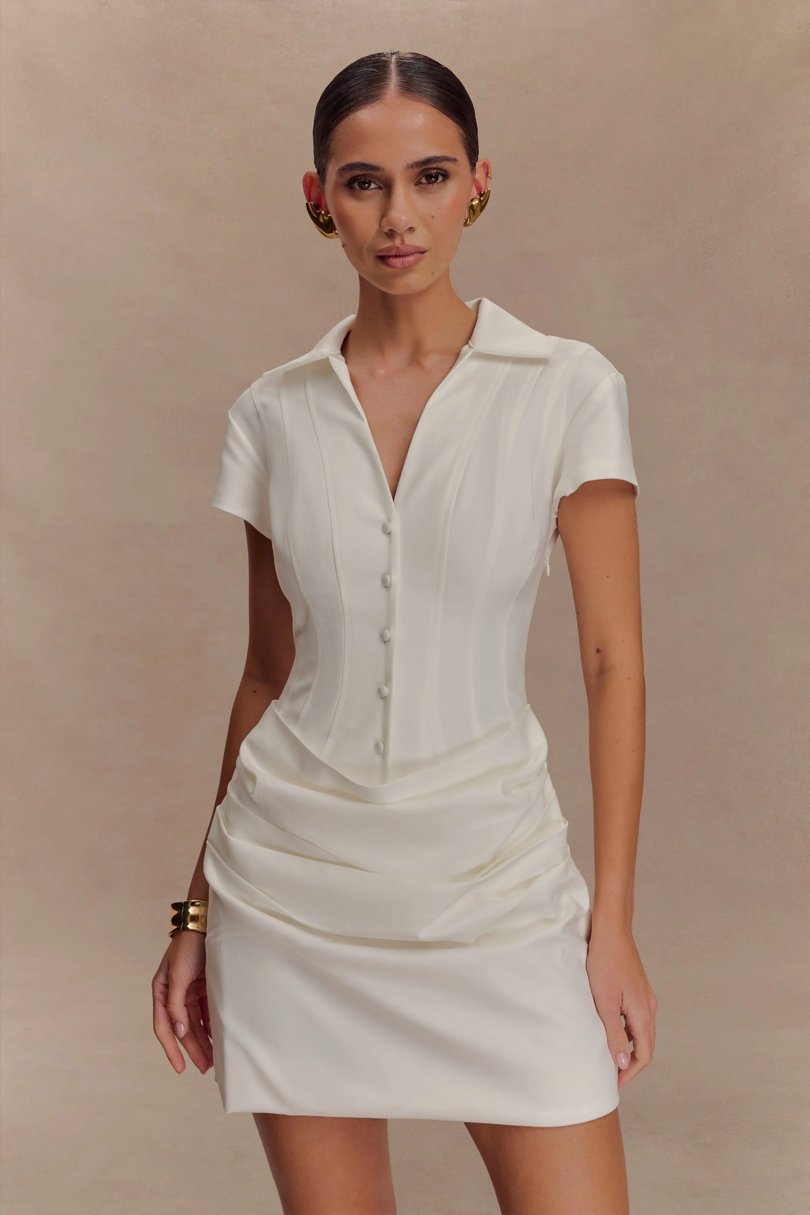 Tarryn Collared Cotton Mini Dress - White - Image 7