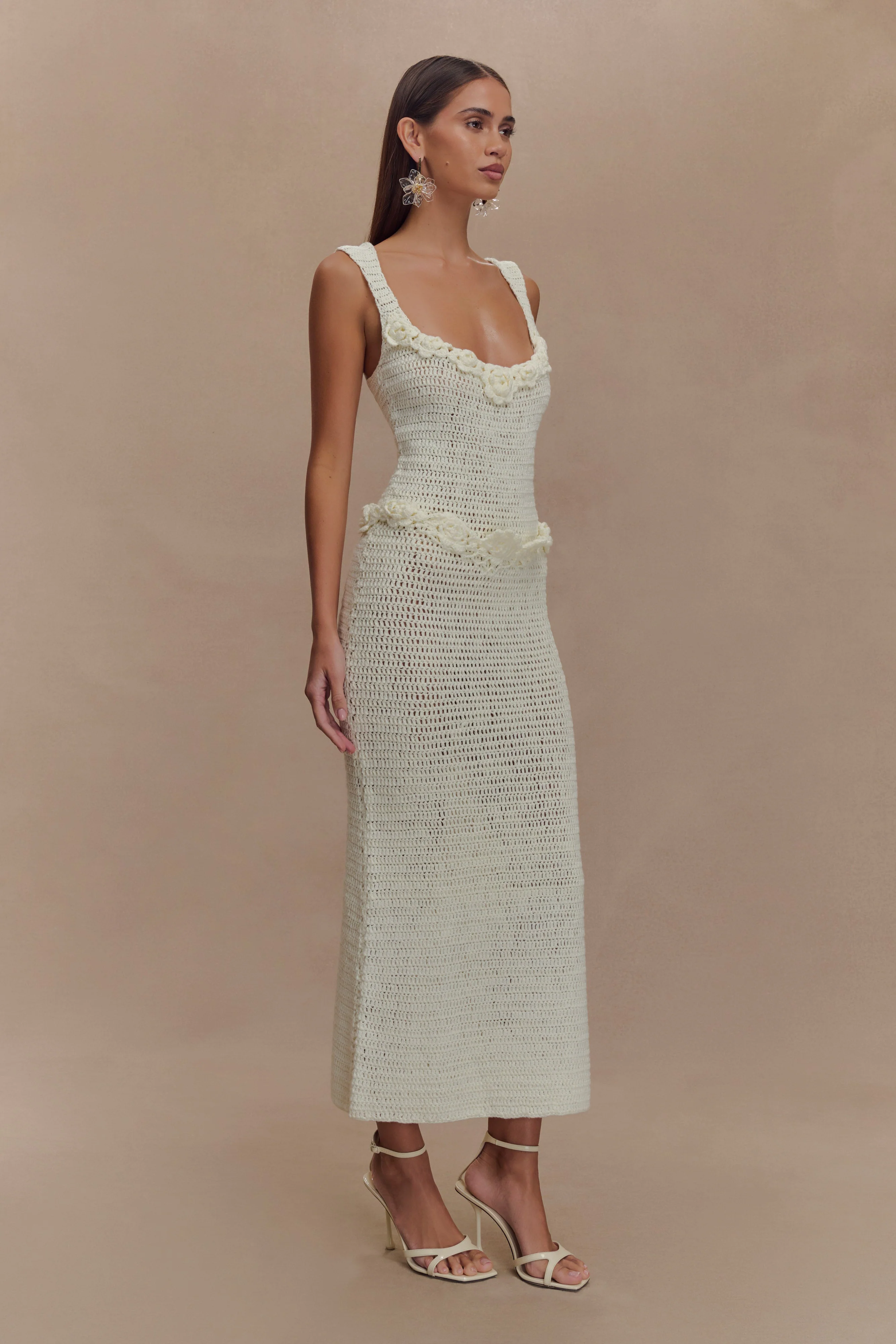 Teagan Floral Hand Crochet Midi Dress - Ivory - Image 4