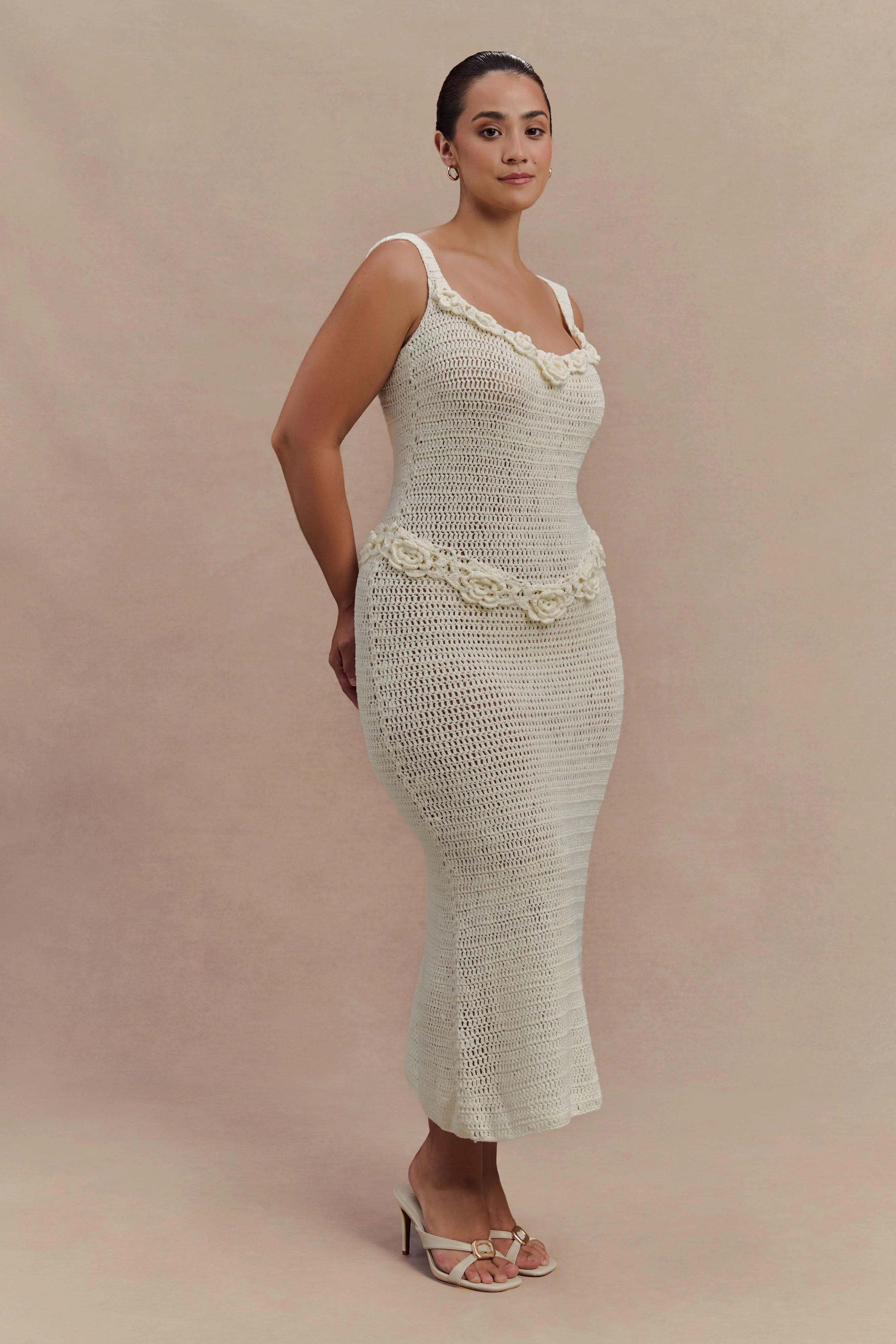 Teagan Floral Hand Crochet Midi Dress - Ivory - Image 8