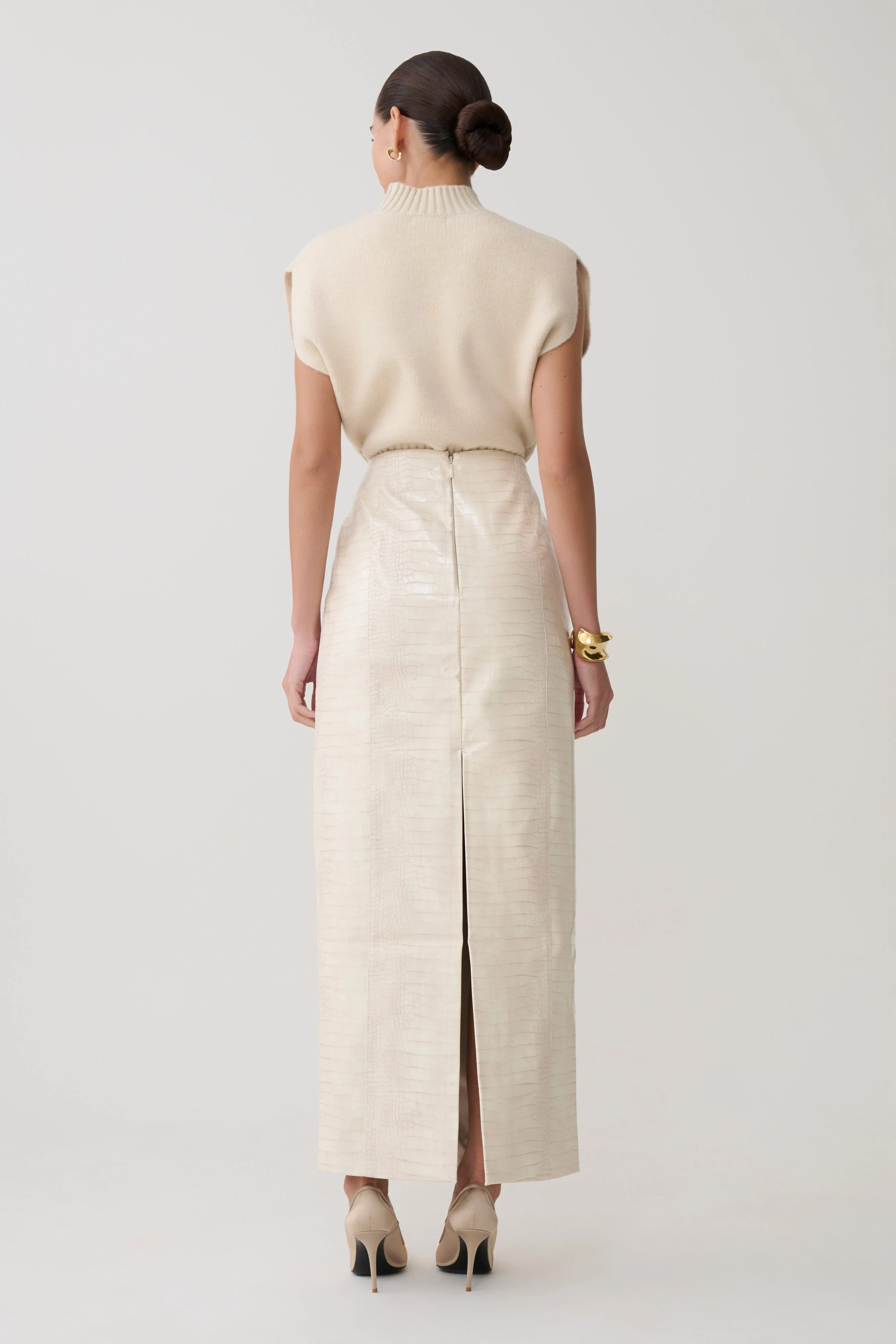 Thalia Croc Faux Leather Midi Skirt - Ivory - Image 2