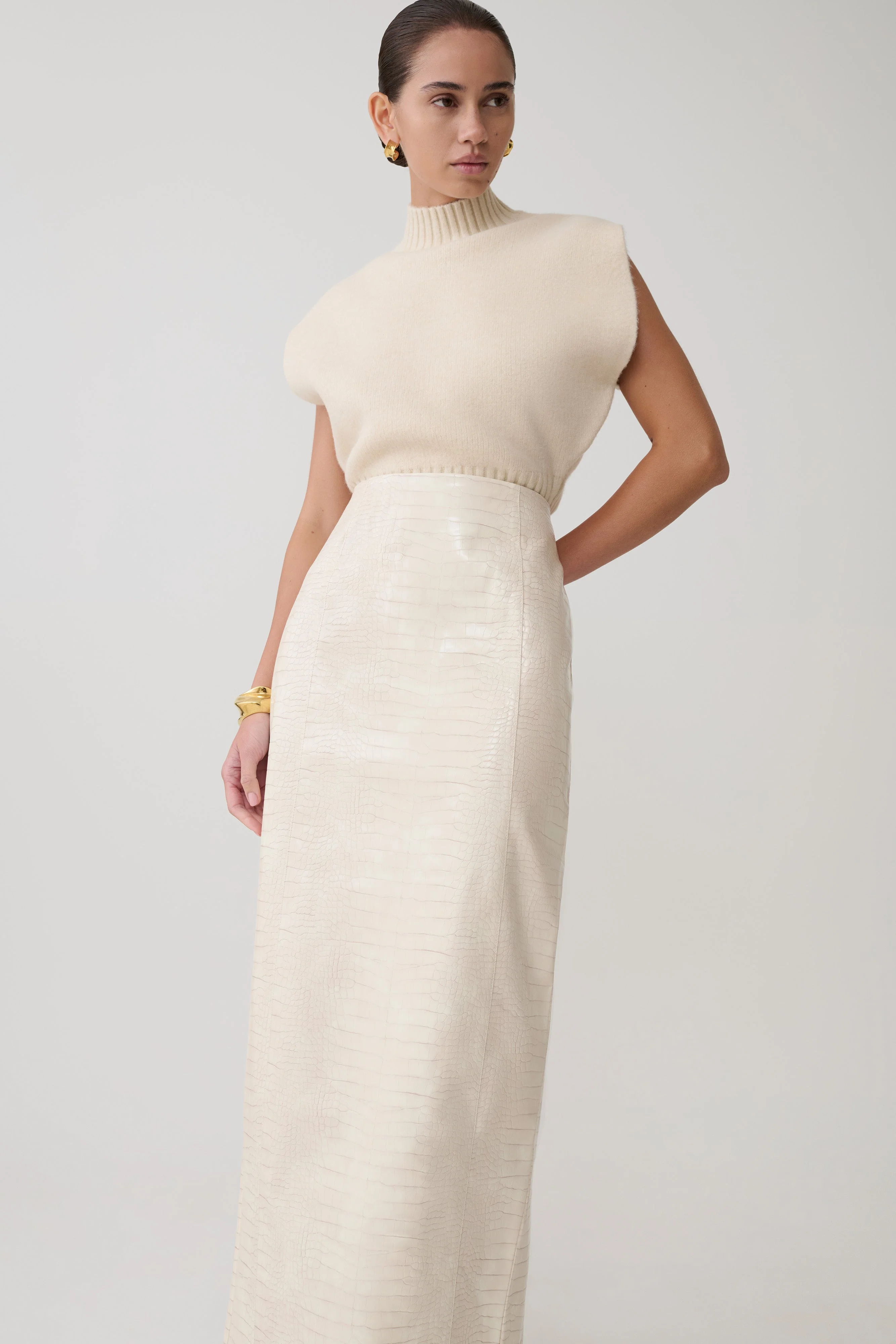Thalia Croc Faux Leather Midi Skirt - Ivory - Image 3