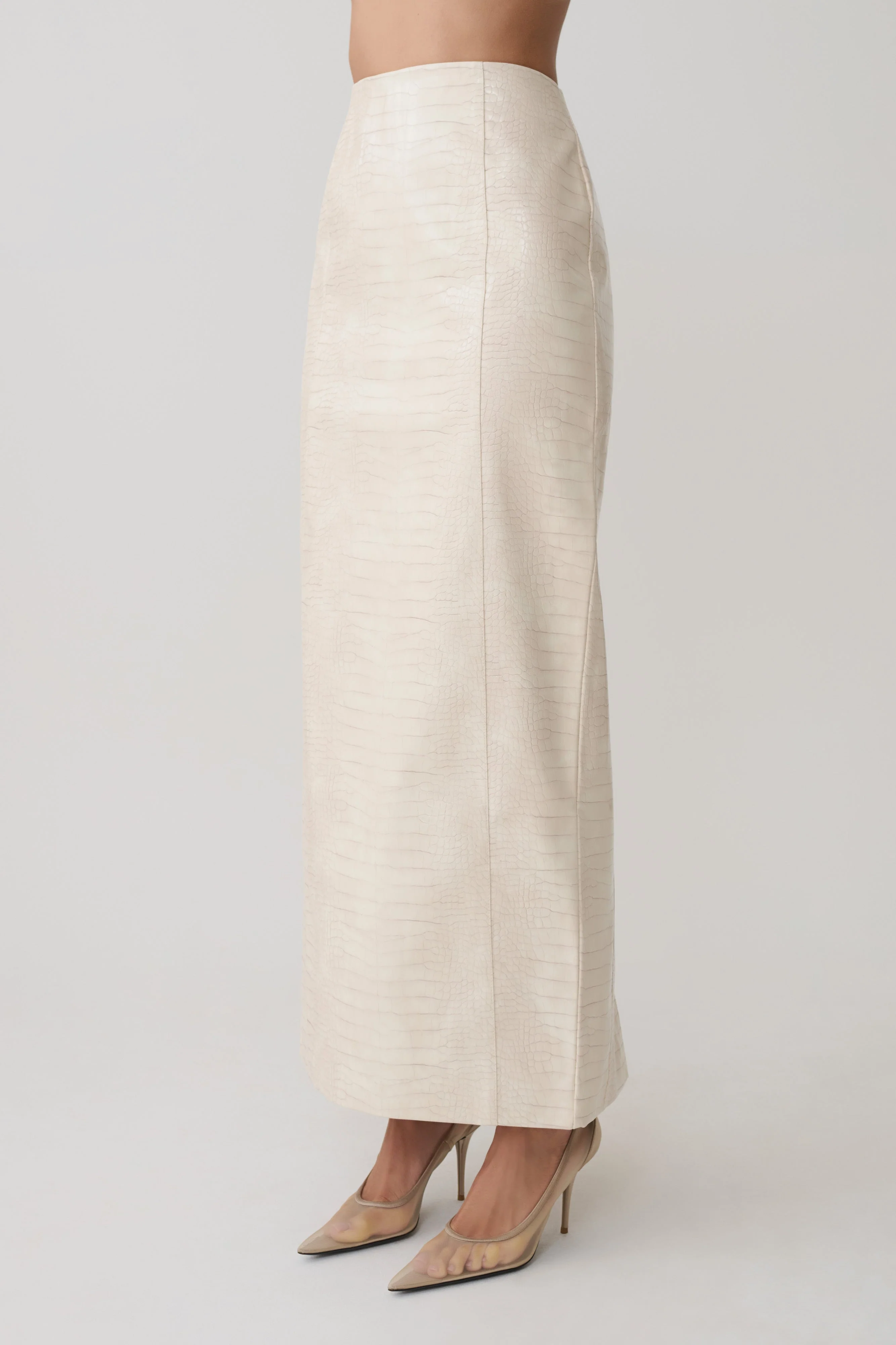 Thalia Croc Faux Leather Midi Skirt - Ivory - Image 5