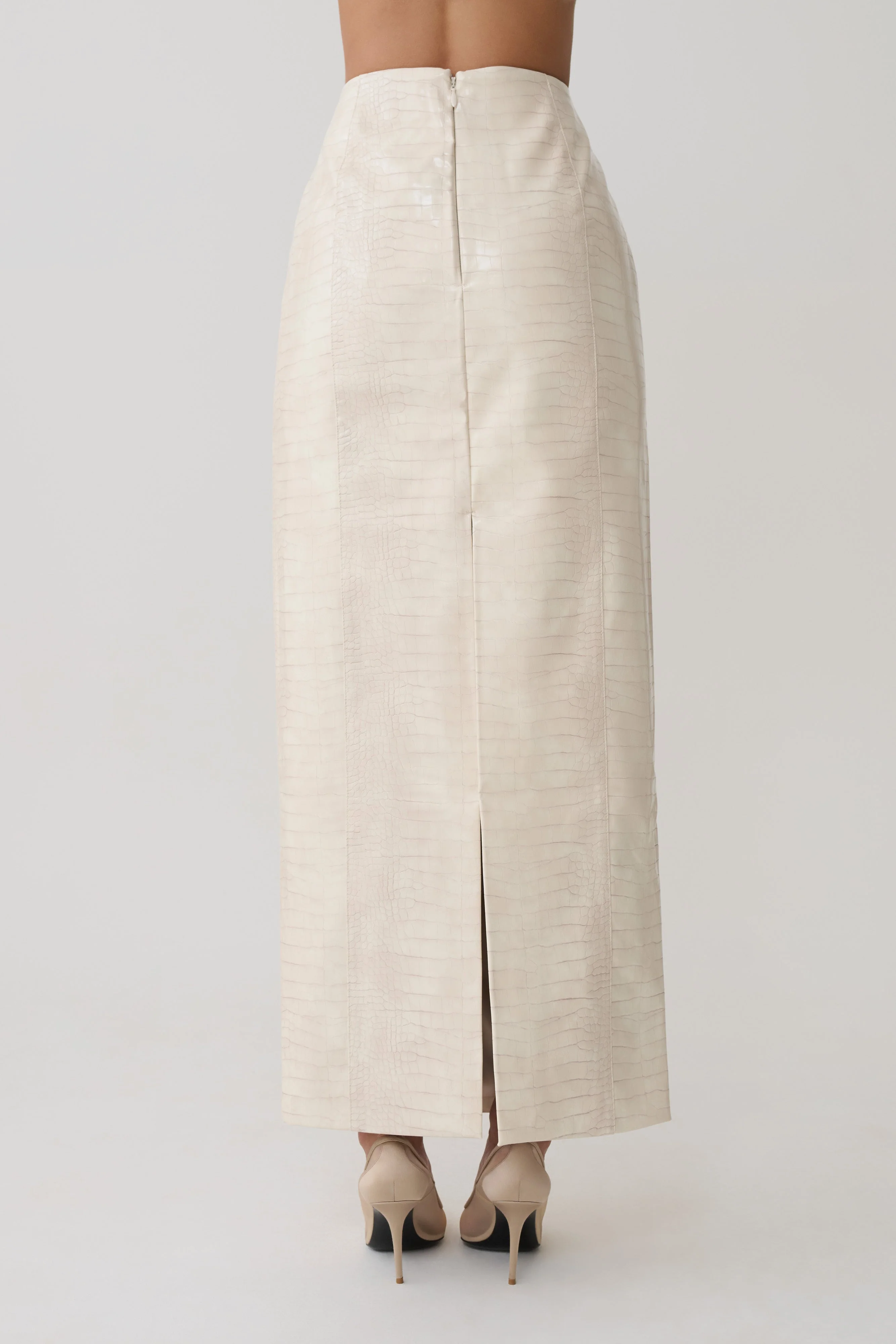 Thalia Croc Faux Leather Midi Skirt - Ivory - Image 6