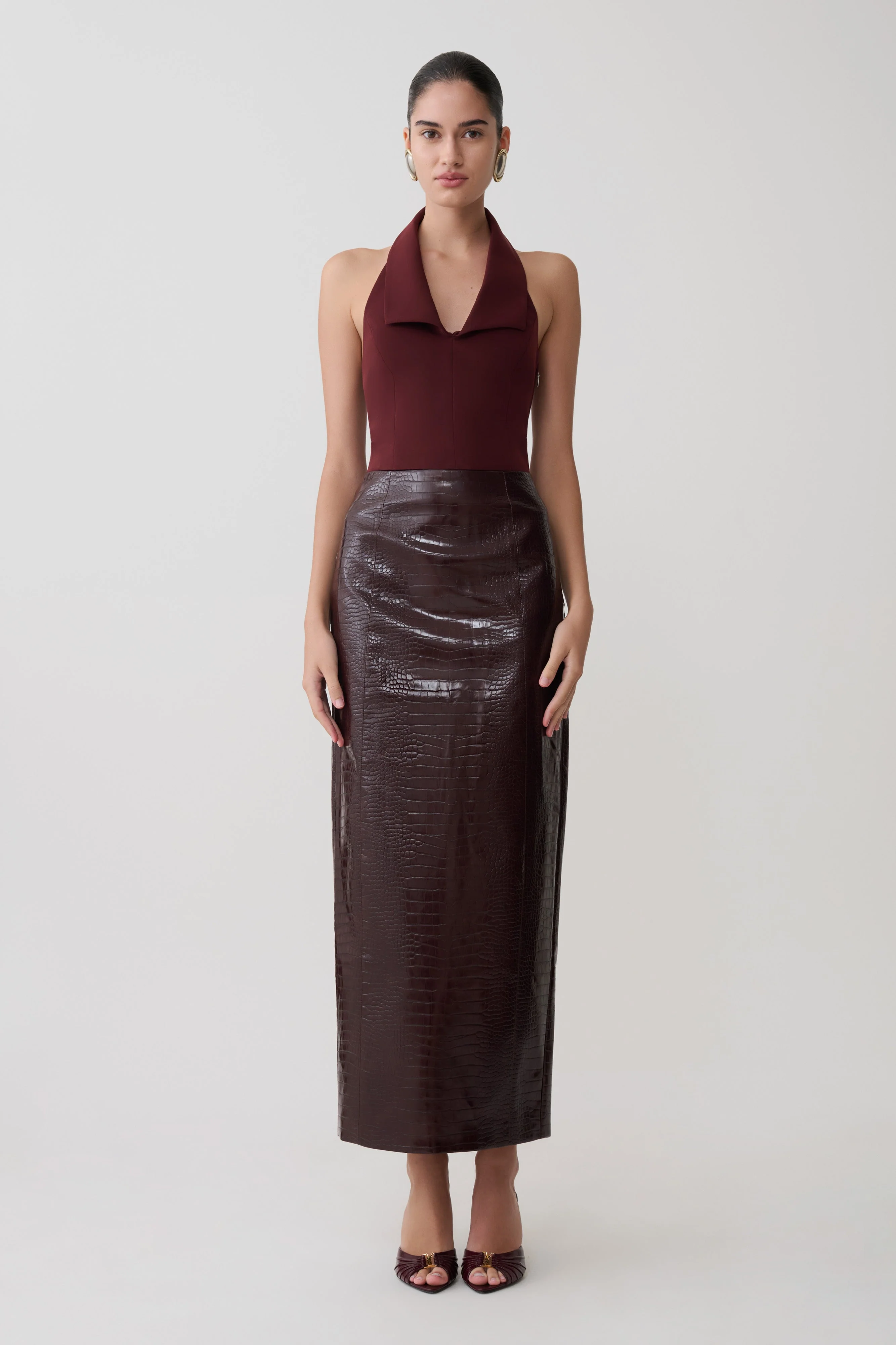 Thalia Croc Faux Leather Midi Skirt - Merlot - Image 3