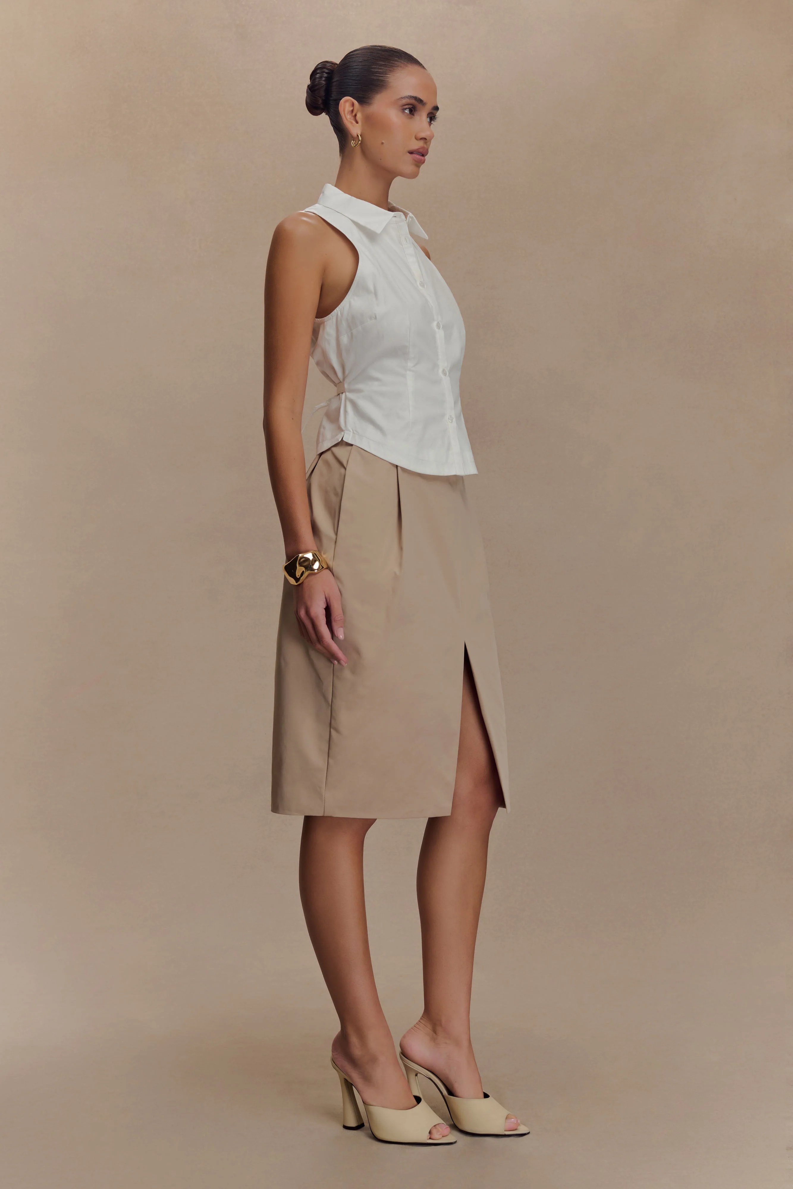 Vera Twill Split Front Midi Skirt - Camel - Image 3