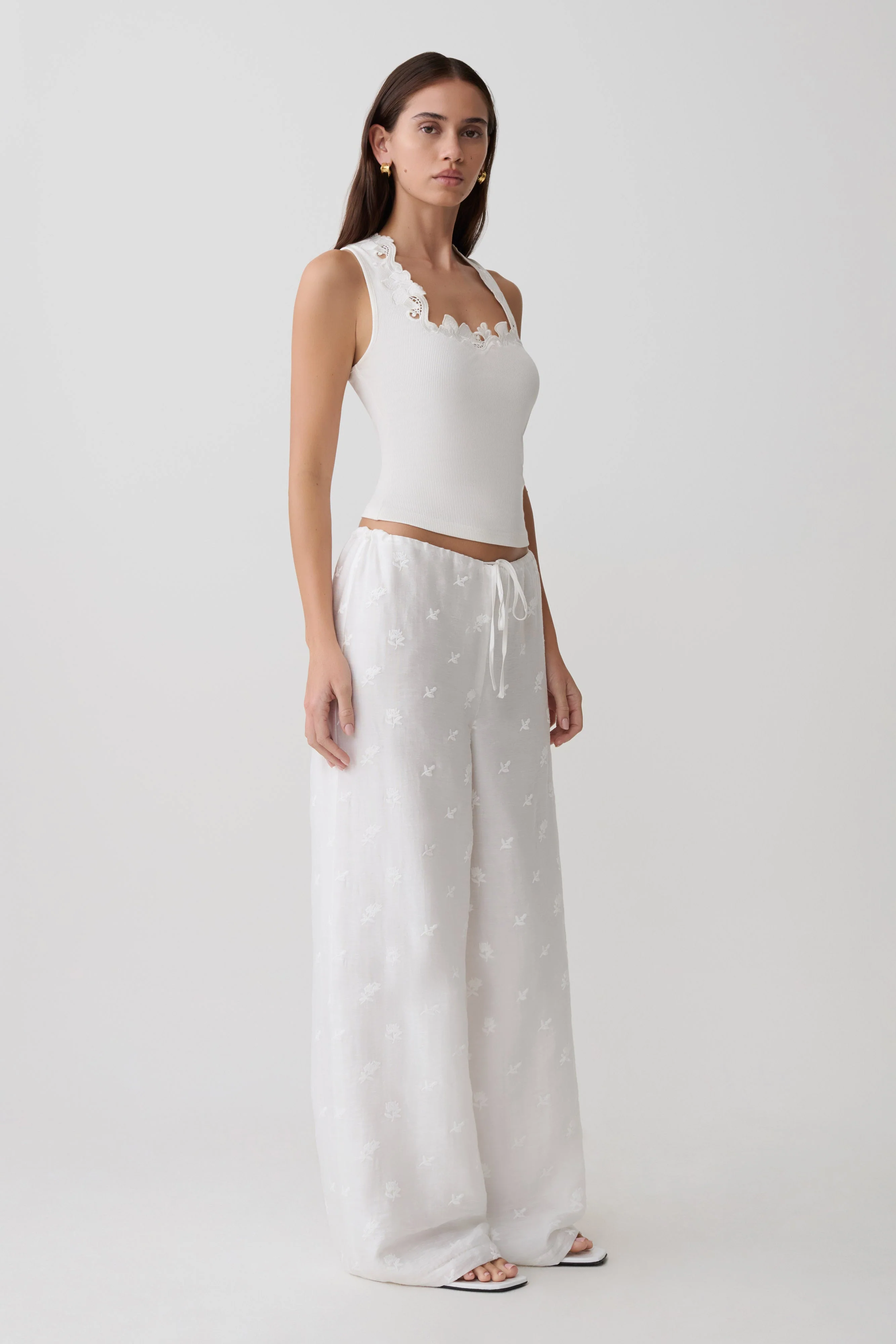 Vianna Broderie Ribbed Tank Top - Ivory - Image 4