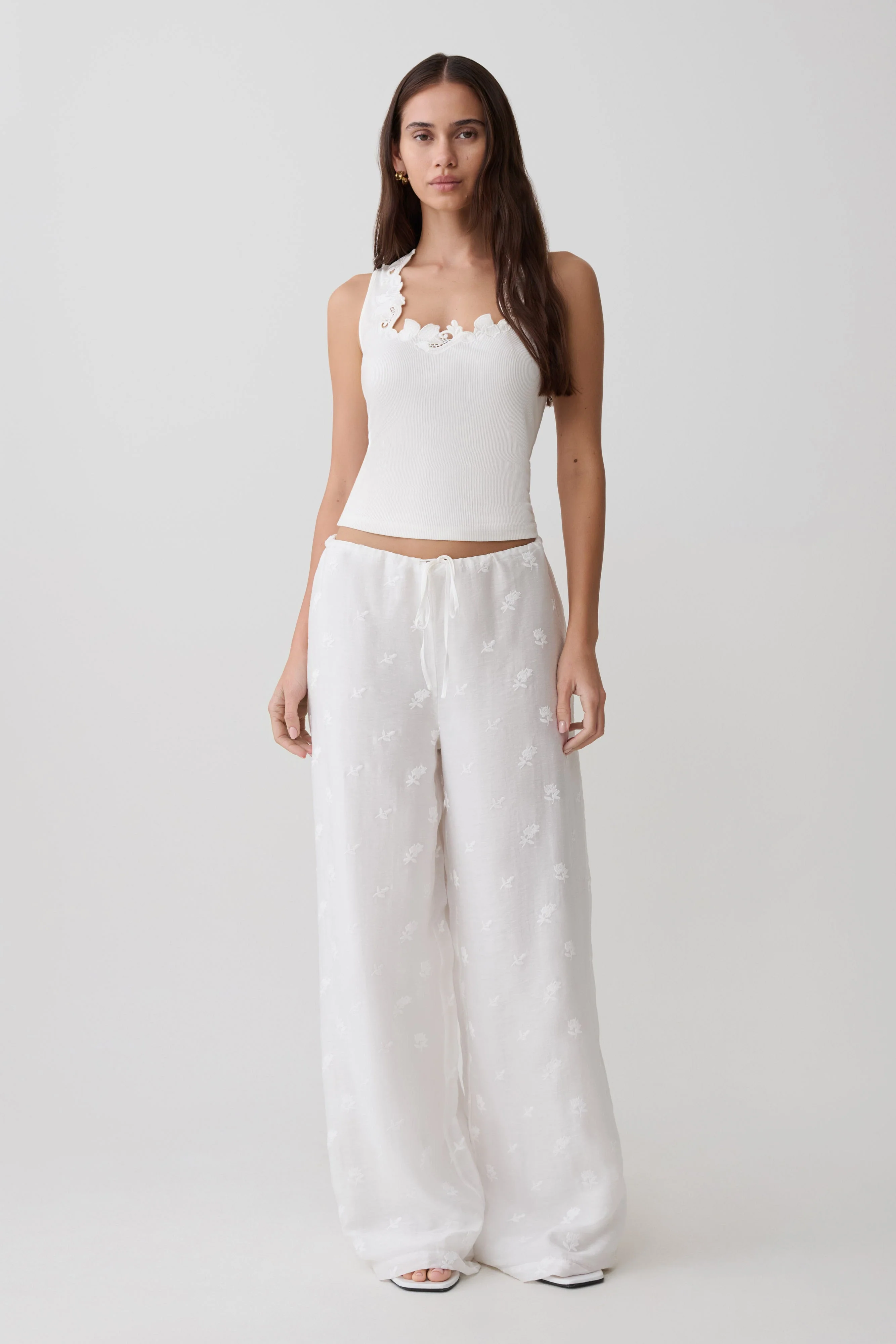 Vianna Broderie Ribbed Tank Top - Ivory - Image 5