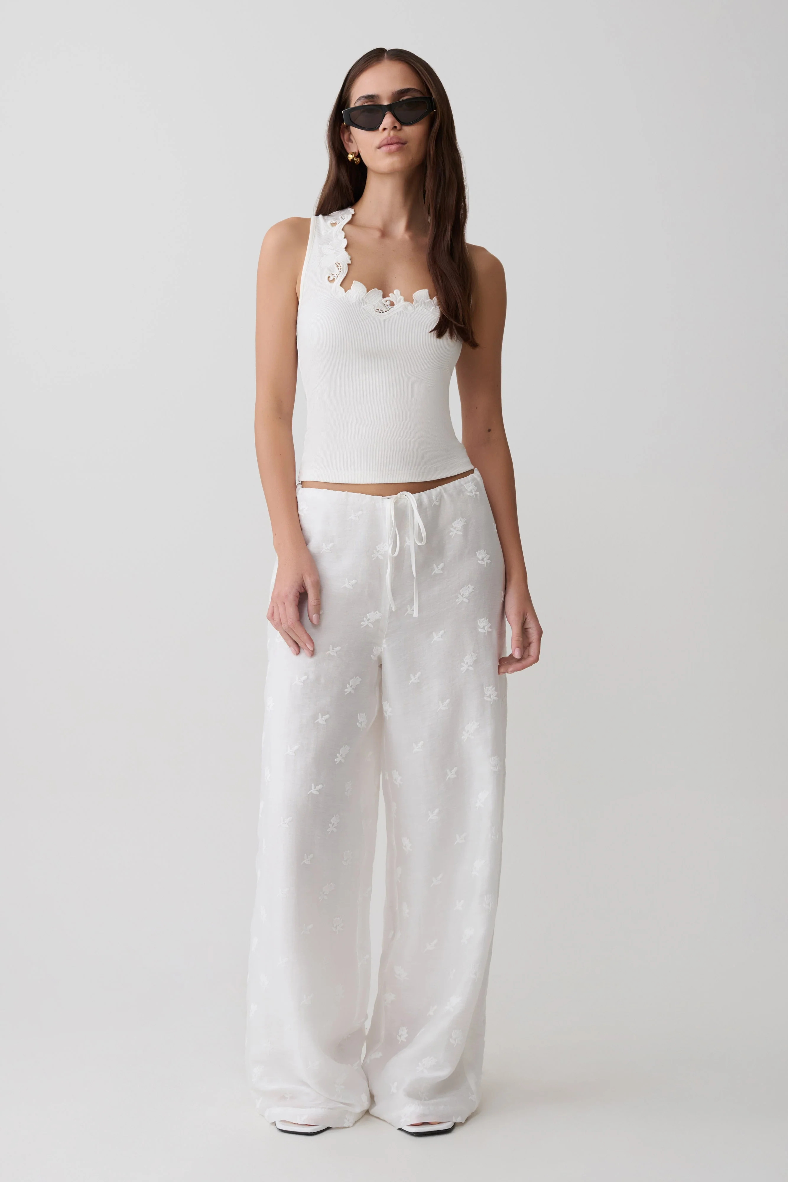 Vianna Broderie Ribbed Tank Top - Ivory - Image 6
