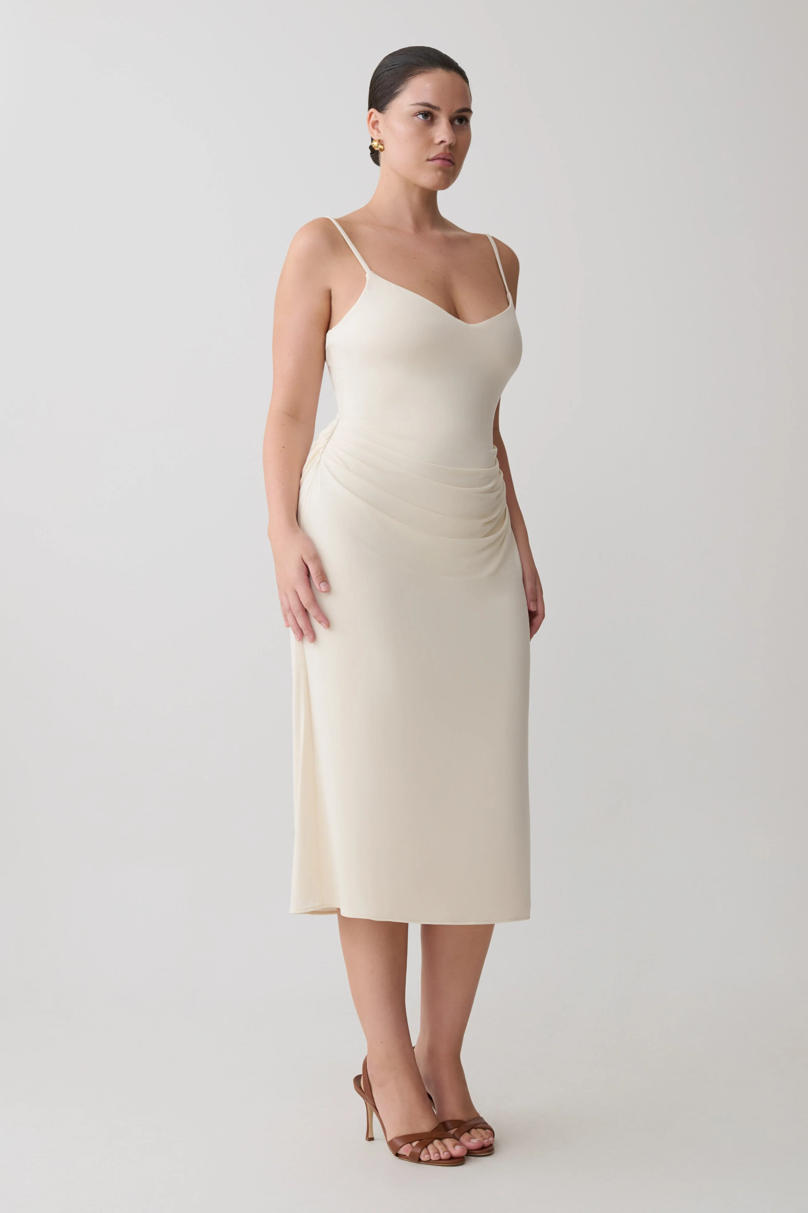 Vina Gathered Jersey Midi Dress - Ivory - Image 2