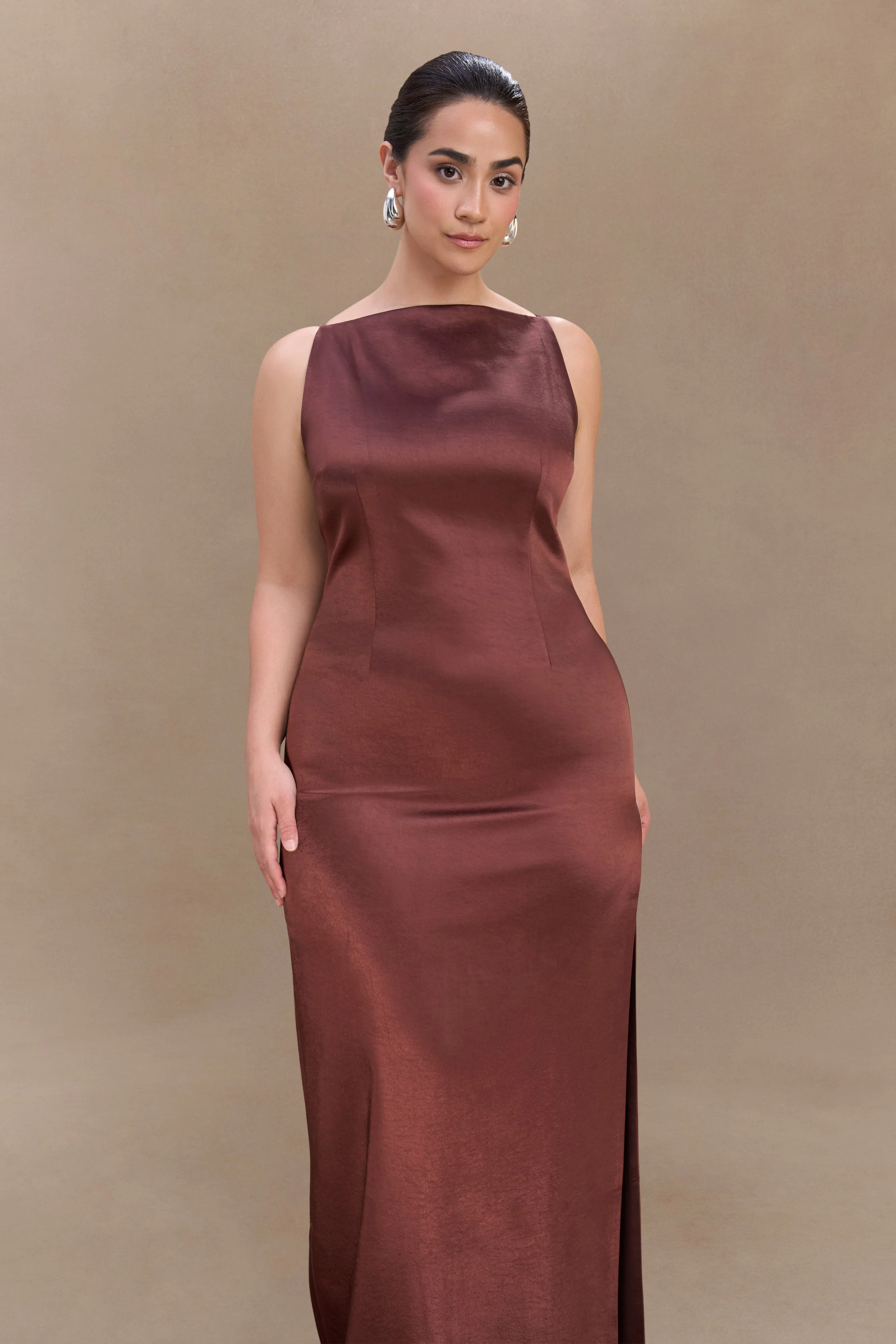 Violet Sleeveless Satin Maxi Dress - Dark Chocolate - Image 6