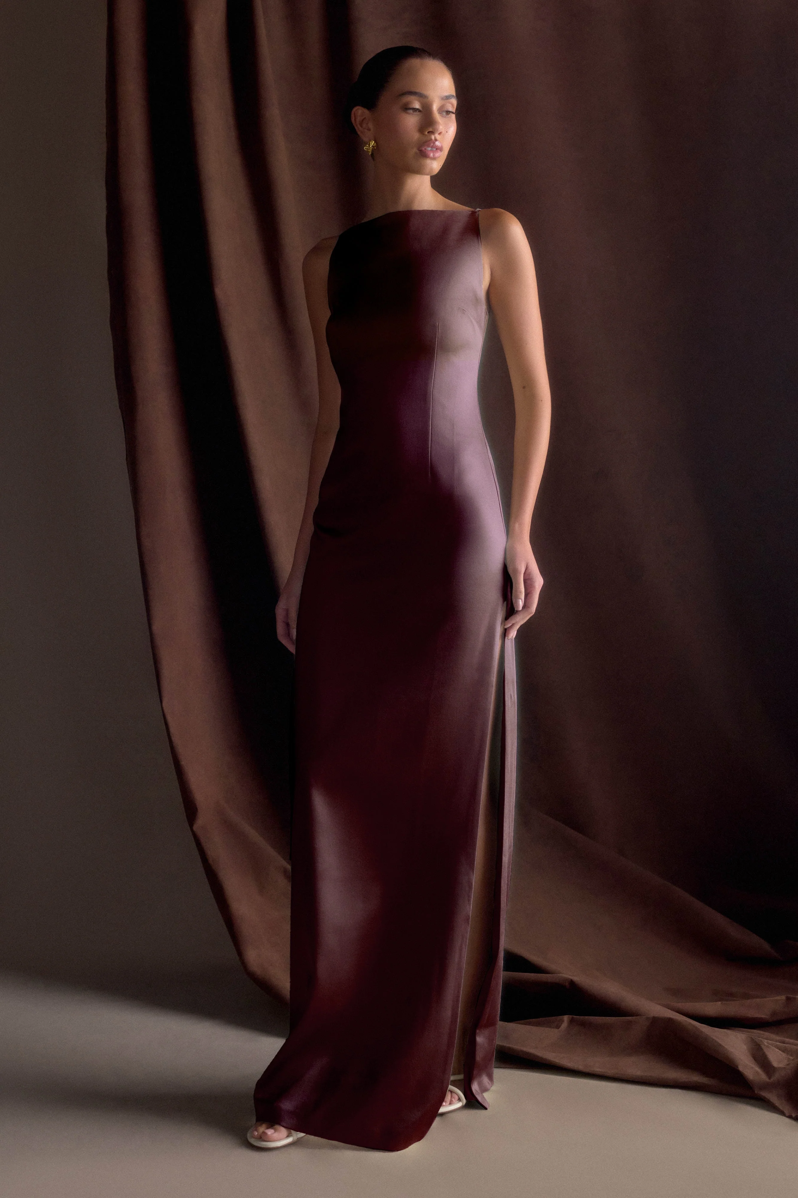 Violet Sleeveless Satin Maxi Dress - Dark Chocolate - Image 8
