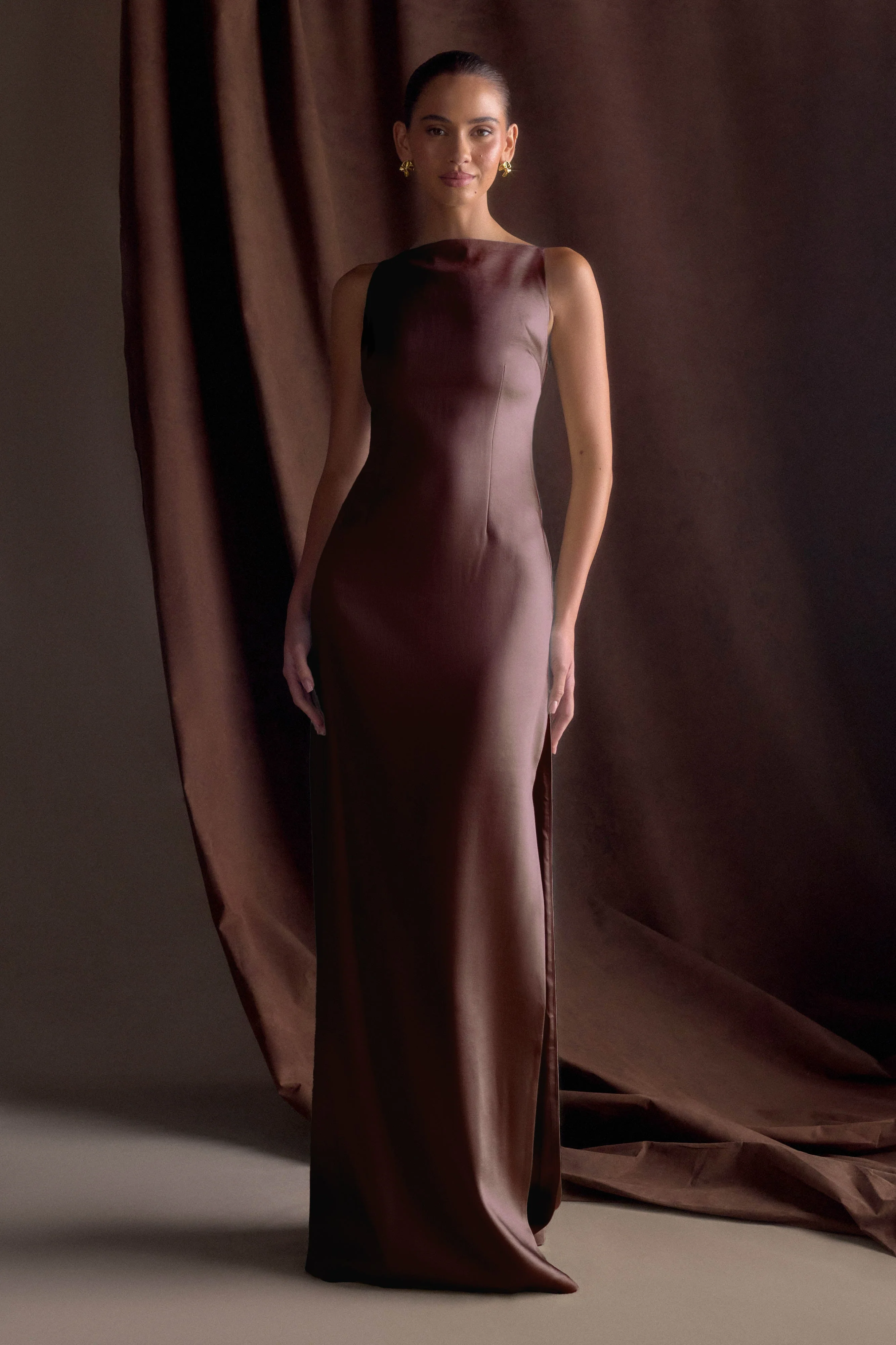Violet Sleeveless Satin Maxi Dress - Dark Chocolate - Image 9